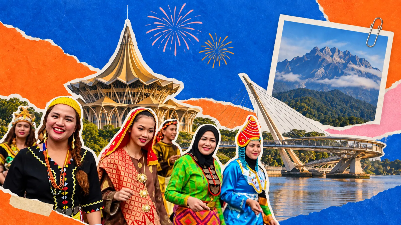 Kolaj Hari Malaysia: penari berpakaian tradisional, bangunan DUN Sarawak, Jambatan Darul Hana dan Gunung Kinabalu