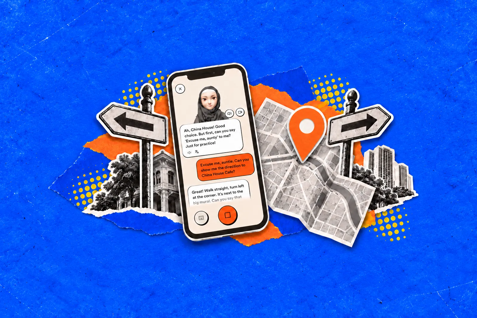 Collage of a phone showing a Kelas Sekejap chat with an AI avatar, a folded street map with a location pin, and signposts pointing left and right