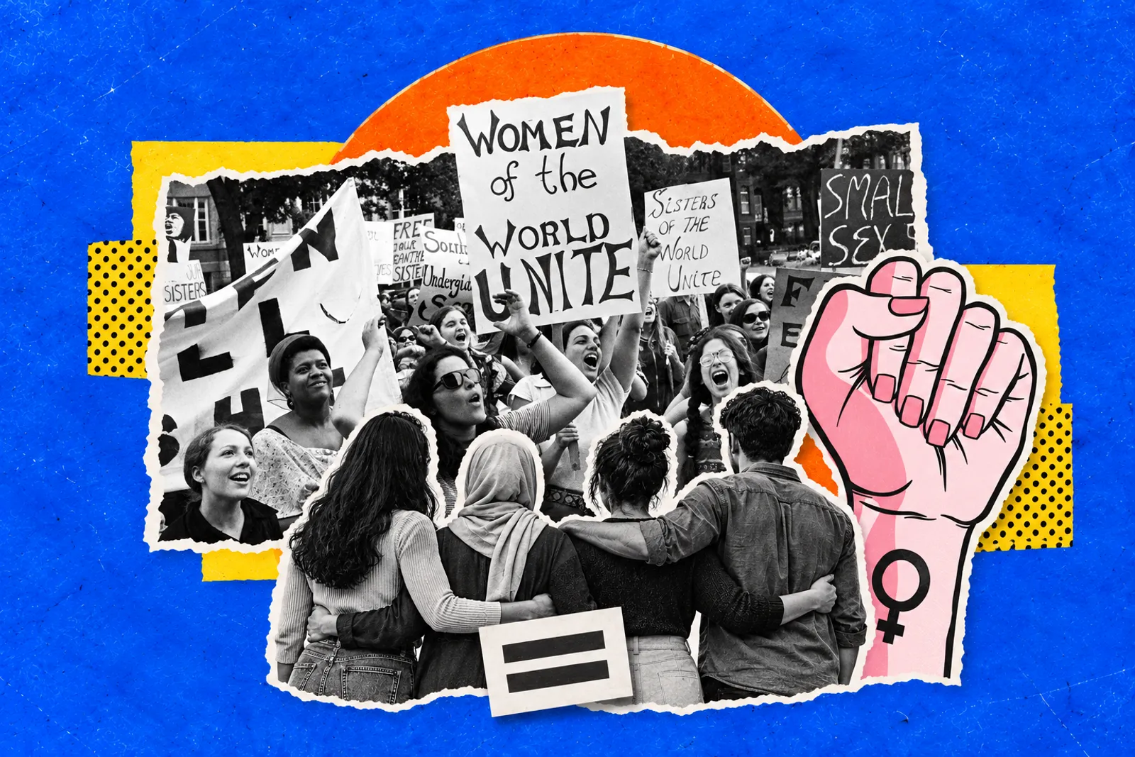 Kolaj hitam putih wanita berarak membawa sepanduk “Women of the World Unite”, dengan penumbuk bersimbol wanita dan tanda sama dengan