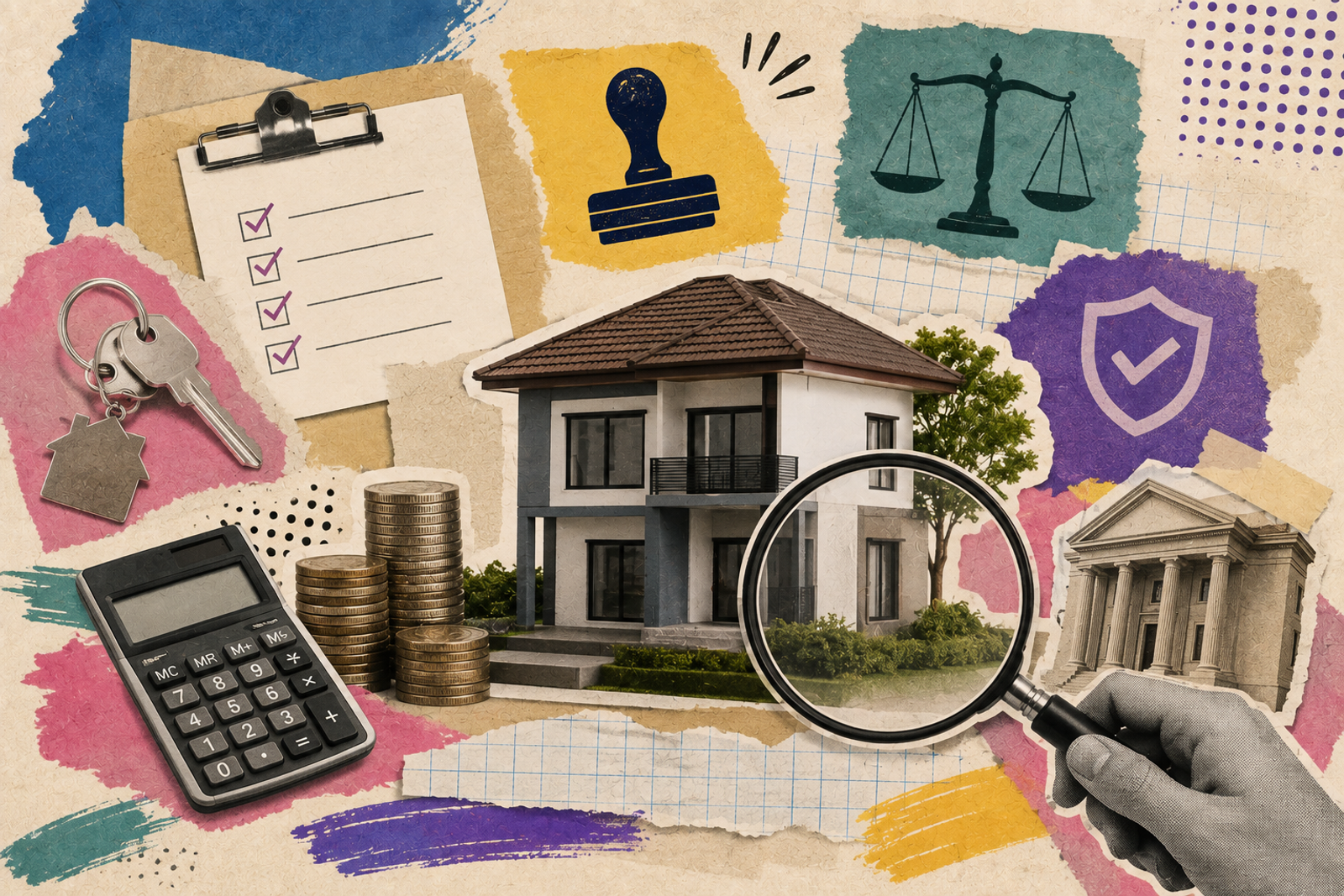 Kolaj pembelian rumah — kunci, pelan lantai dan ikon kos tersembunyi seperti guaman, duti setem dan insurans