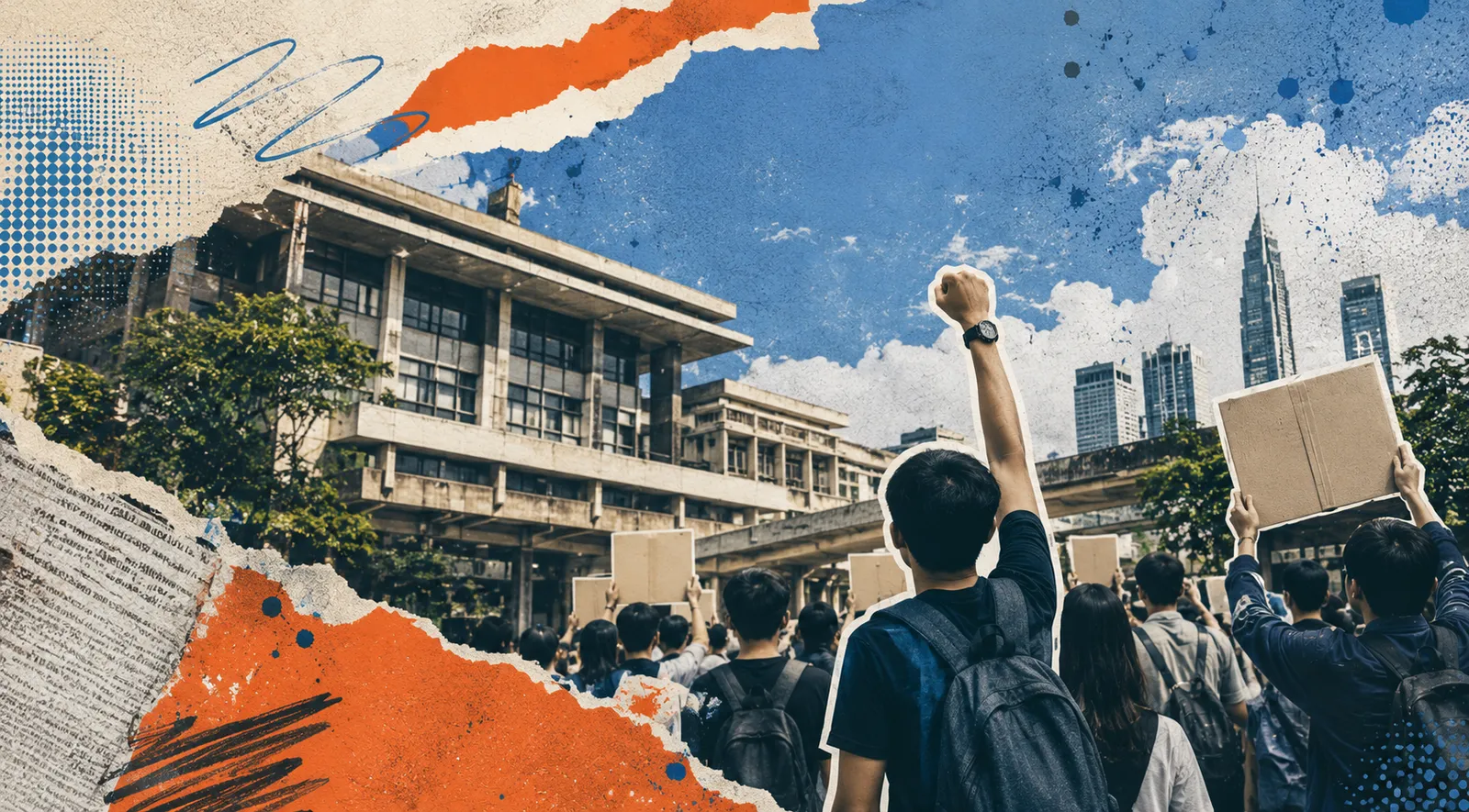 Kolaj mahasiswa mengangkat penumbuk di hadapan bangunan universiti, dengan pembesar suara, tanda soal dan tukul hakim