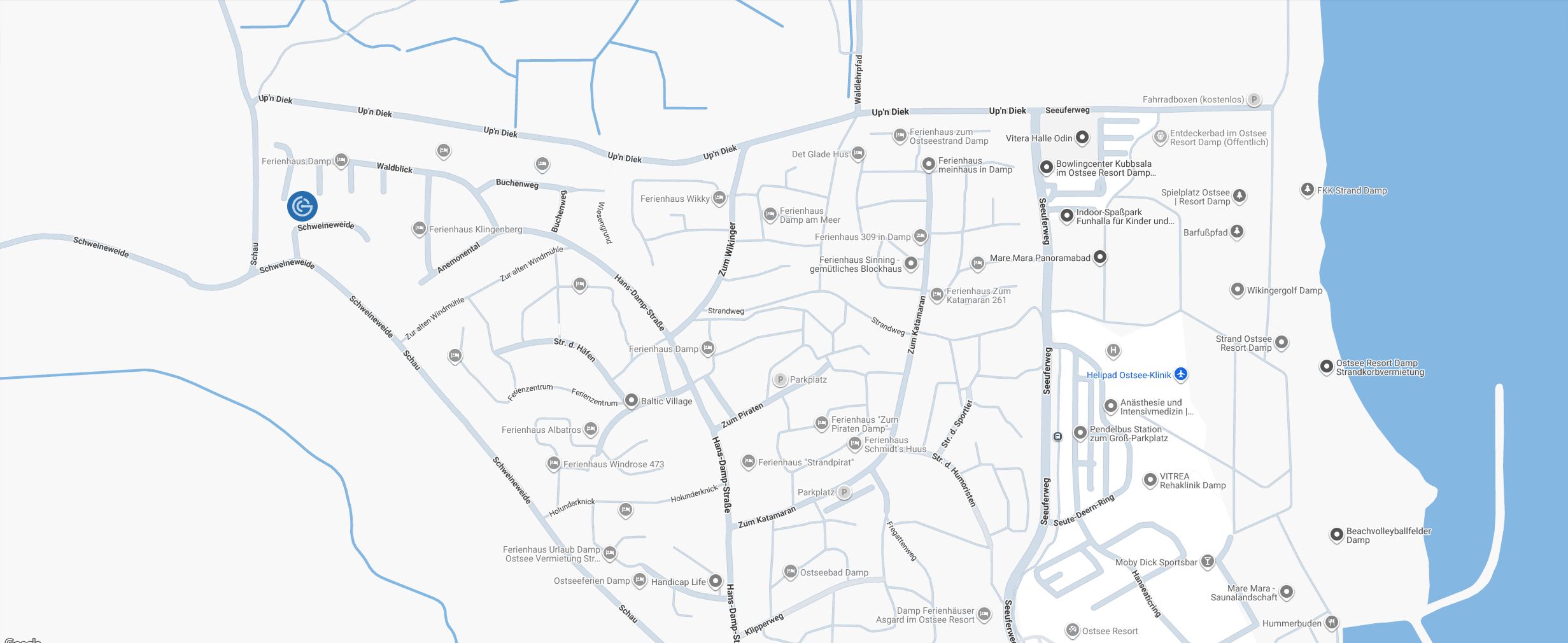 Landkarte von Damp, Ostsee mit Straßen, Stränden und nummerierten Bereichen