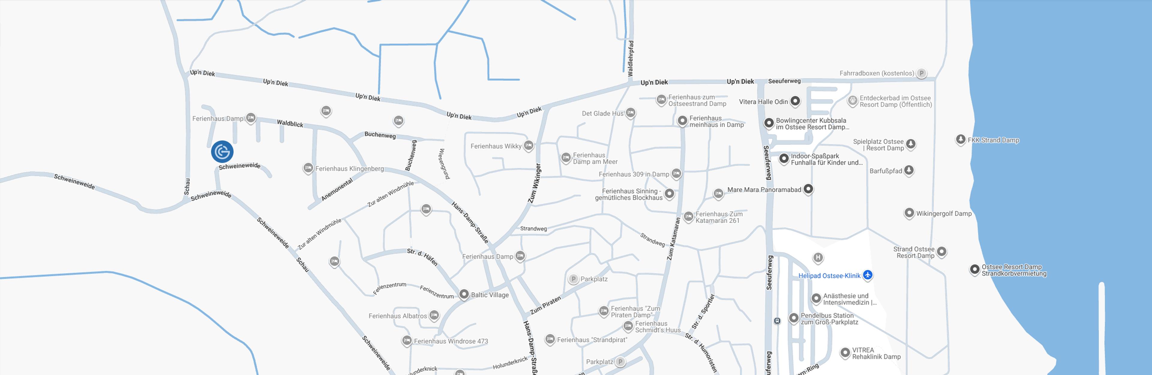 Landkarte von Damp, Ostsee mit Straßen, Stränden und nummerierten Bereichen