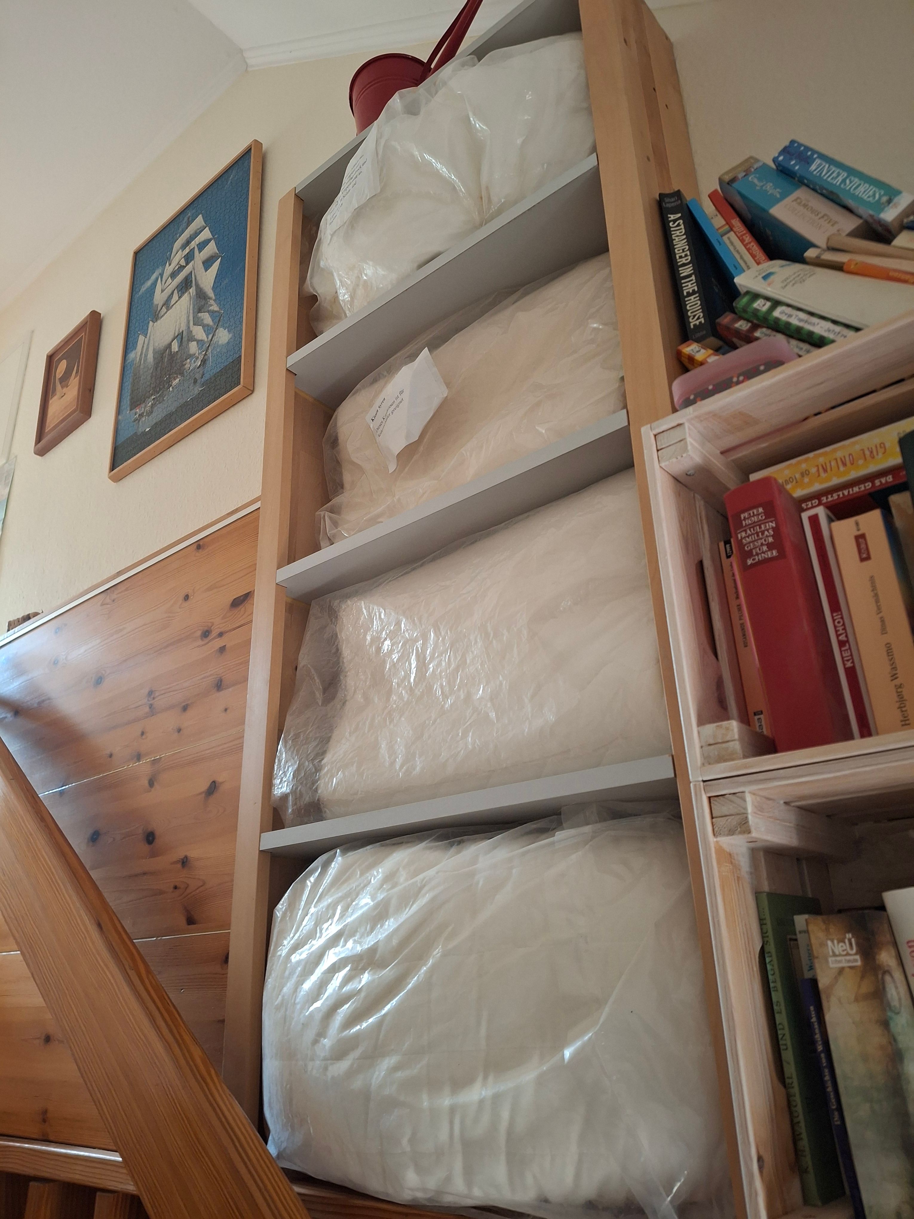 Kissenbar: Regal mit Kissen in Plastik, Bücherregal daneben