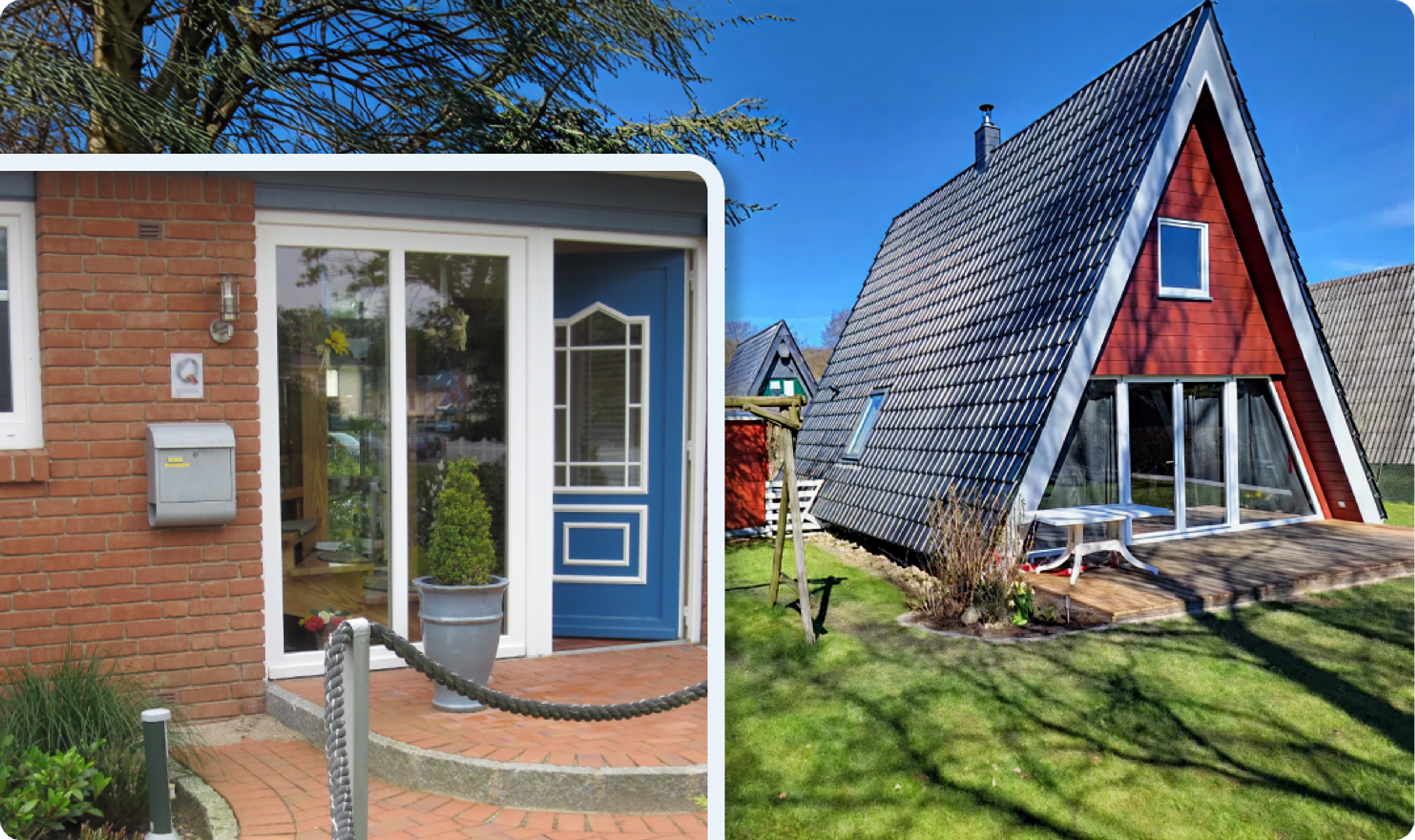 A-Frame Haus mit roter Fassade, Garten, Holzterrasse und blauem Himmel