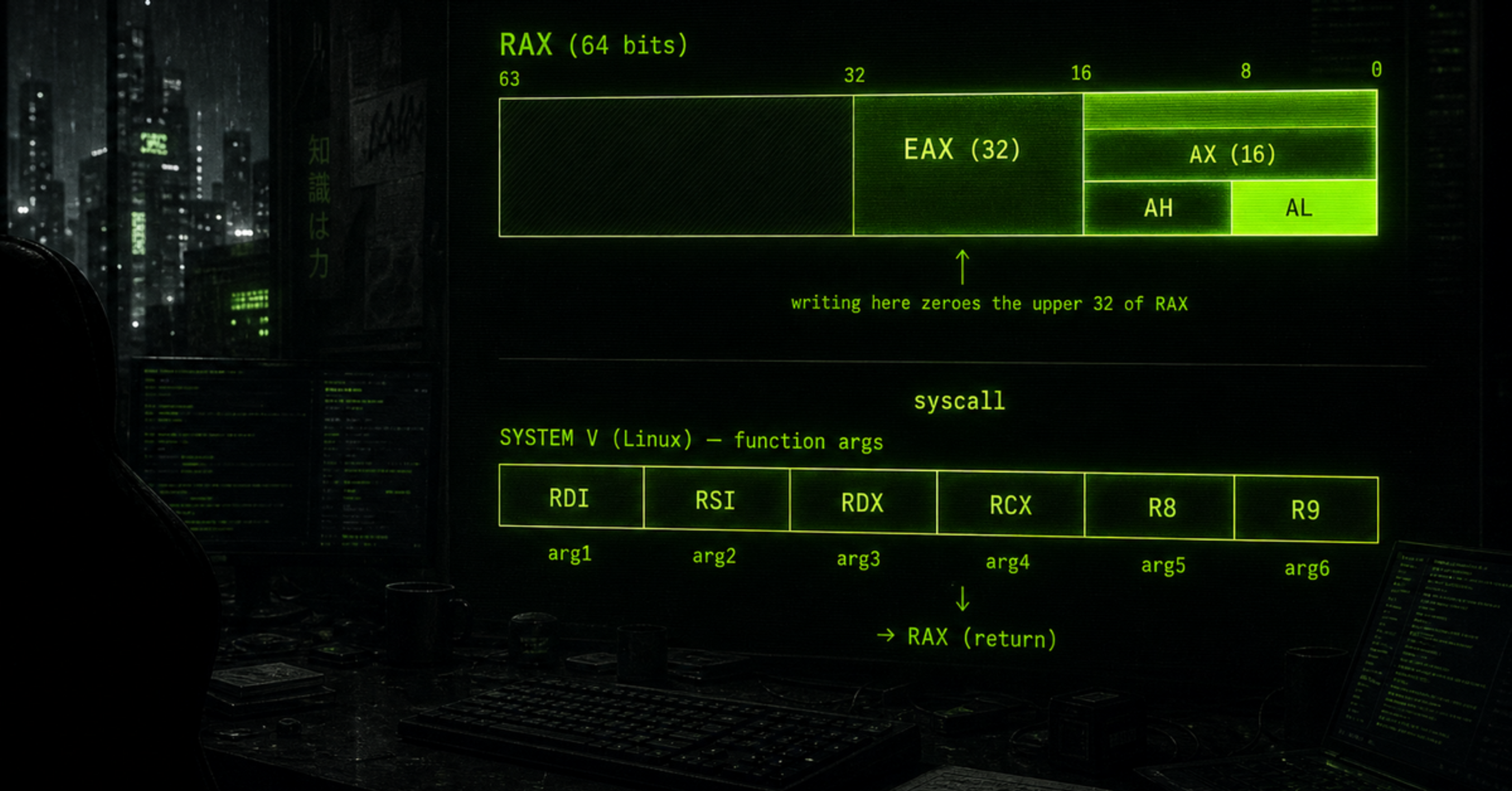 RAX (64 bit) sisältää EAX:n (32) joka sisältää AX:n (16) joka sisältää AH:n ja AL:n; System V kutsutapa siirtää parametrit rekistereihin.