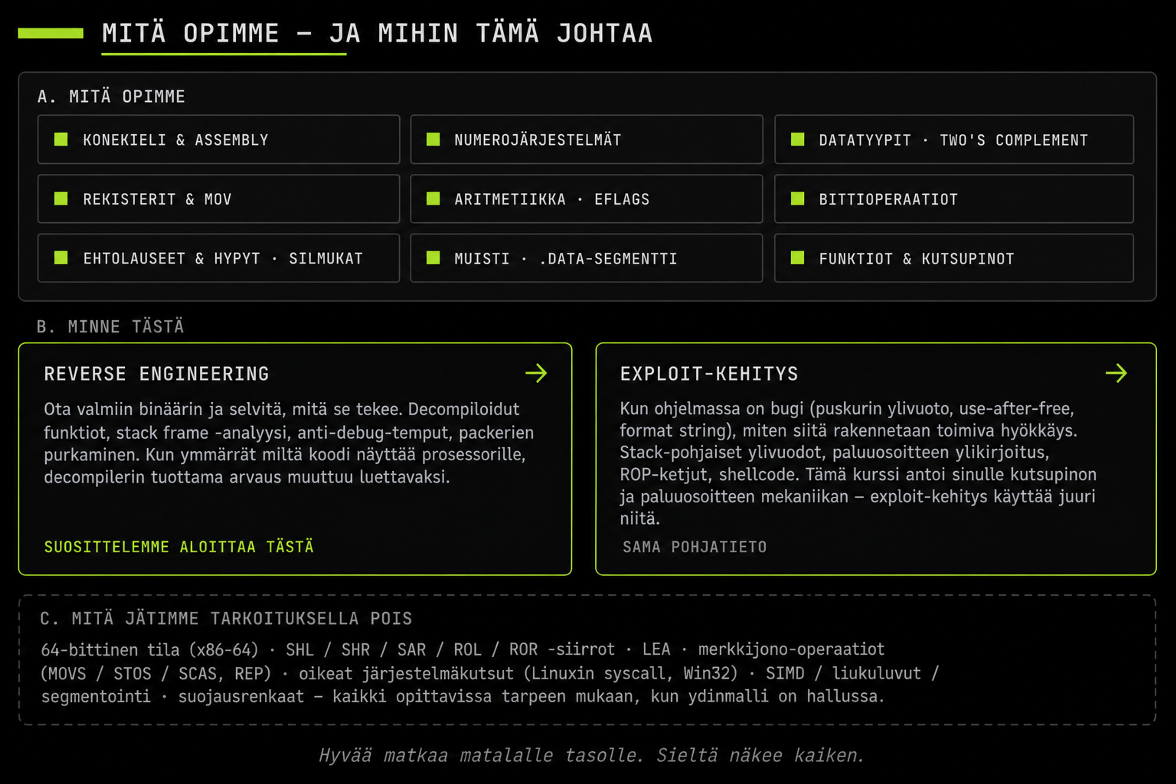 Kurssin keskeiset aiheet ja kolme jatkopolkua: Binäärit ja GDB, reverse engineering, exploit-kehitys.