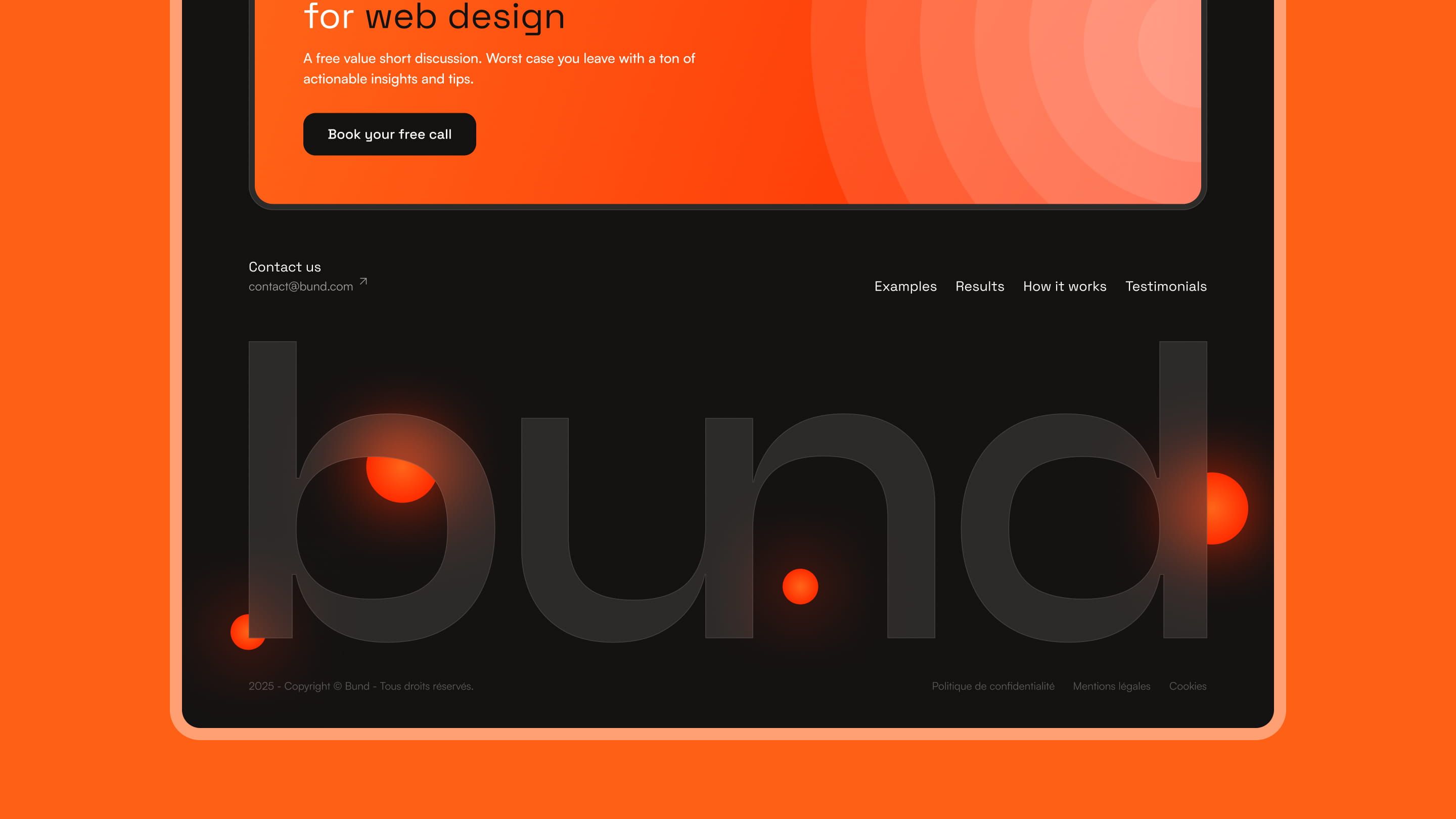 Bund landing page footer: “Book your free call” button, links and large bund logo on a dark background