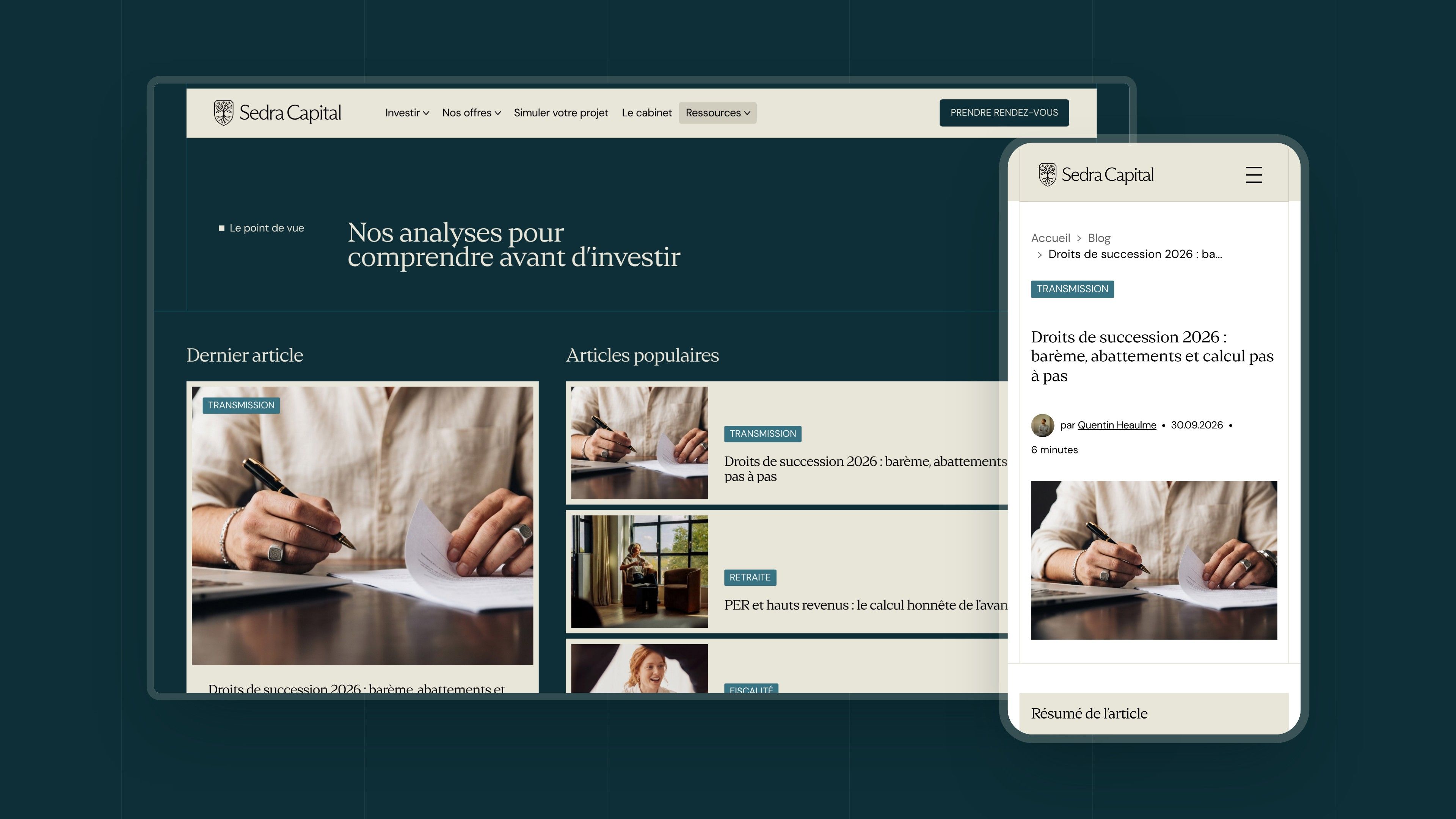 Page “Our analyses to understand before investing” on desktop and the inheritance tax article on mobile
