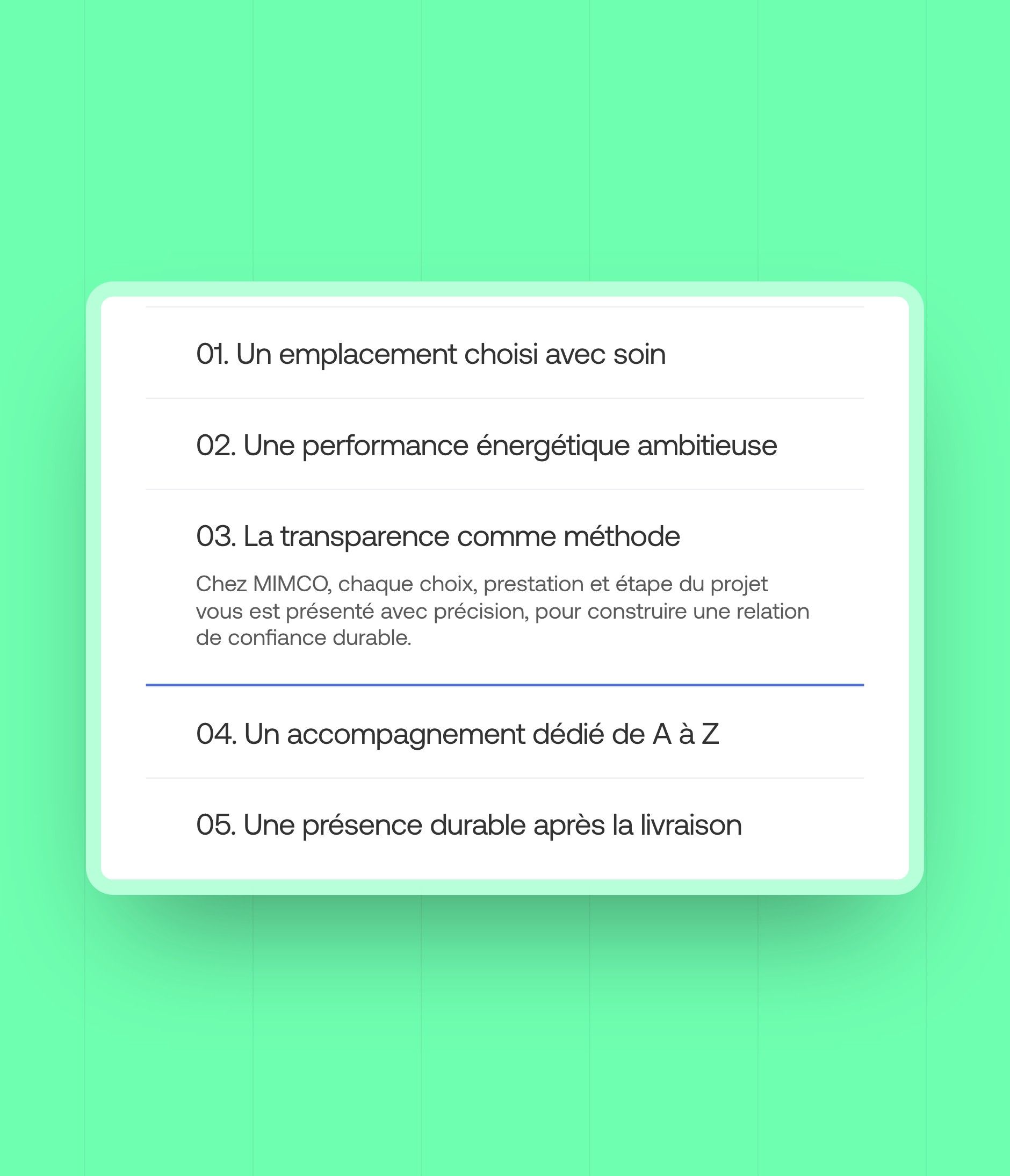 The developer's five commitments in an accordion, on a mint green background