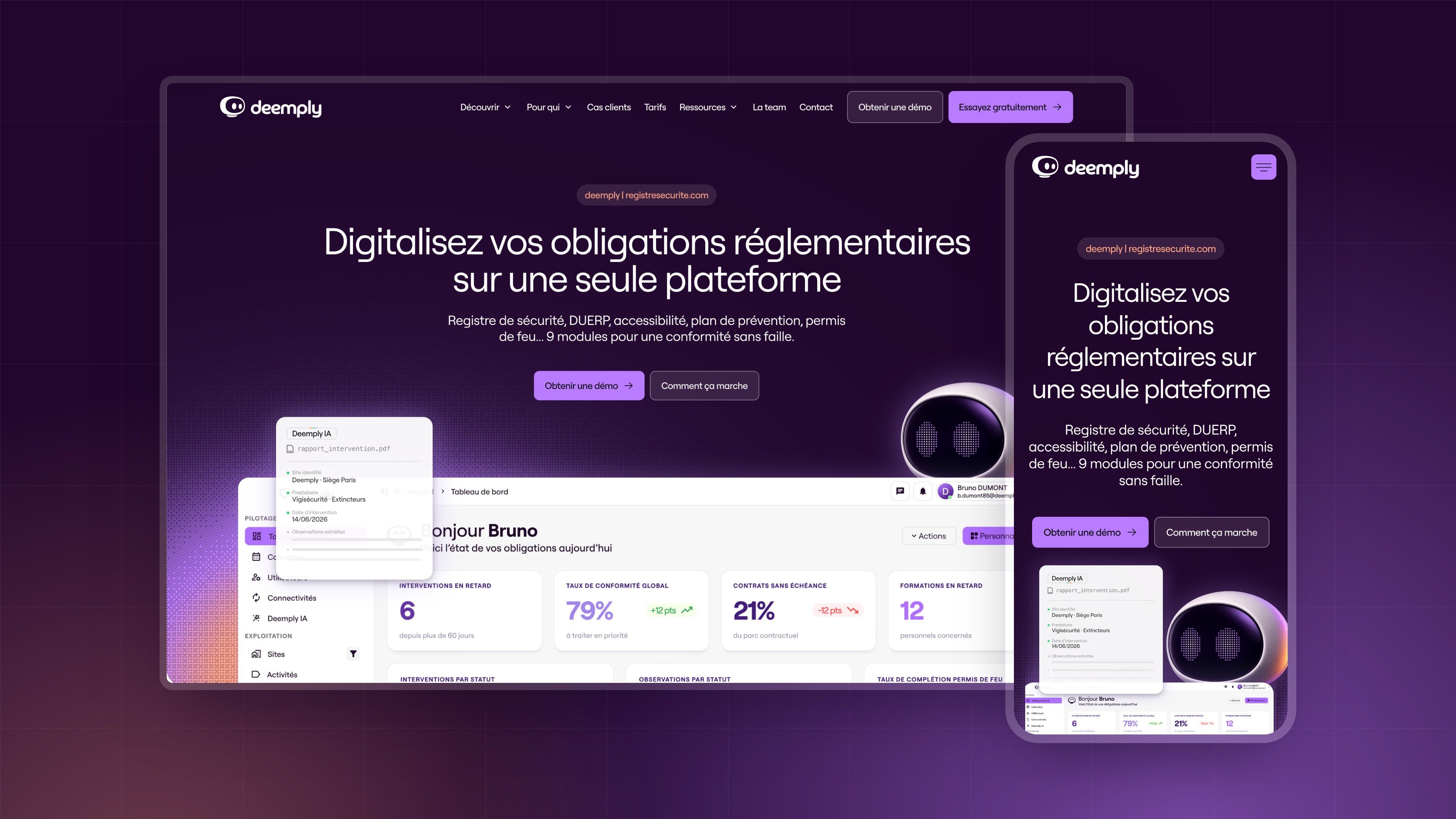 Deemply home page on desktop and mobile, on a dark purple background