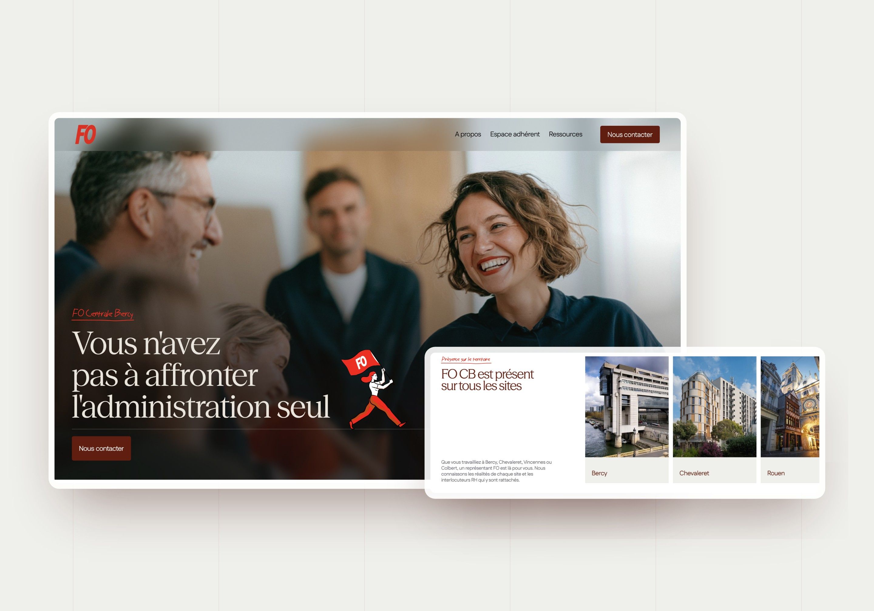 Direction 3, Presence: large photograph in the hero, flag mascot and site cards