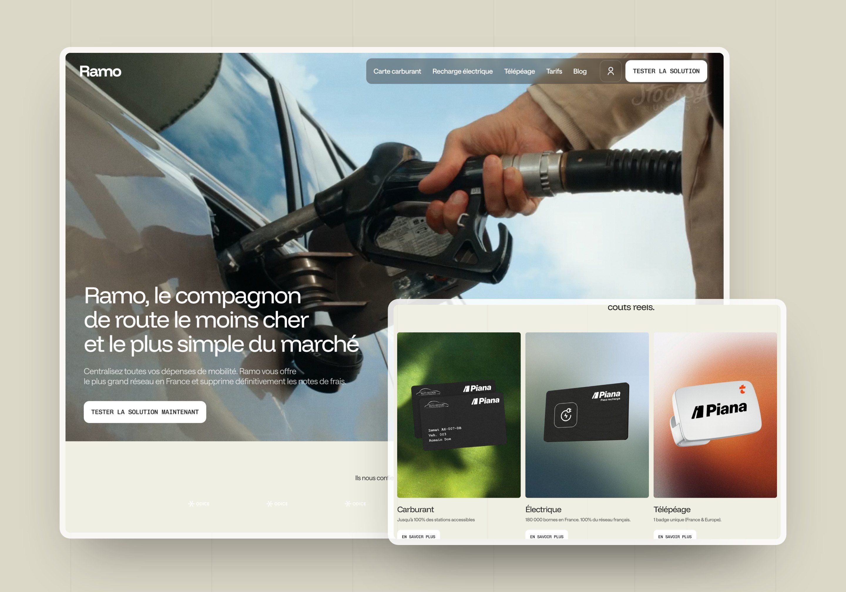 Direction 3, The transition: large photo at the pump and fuel, electric and toll cards