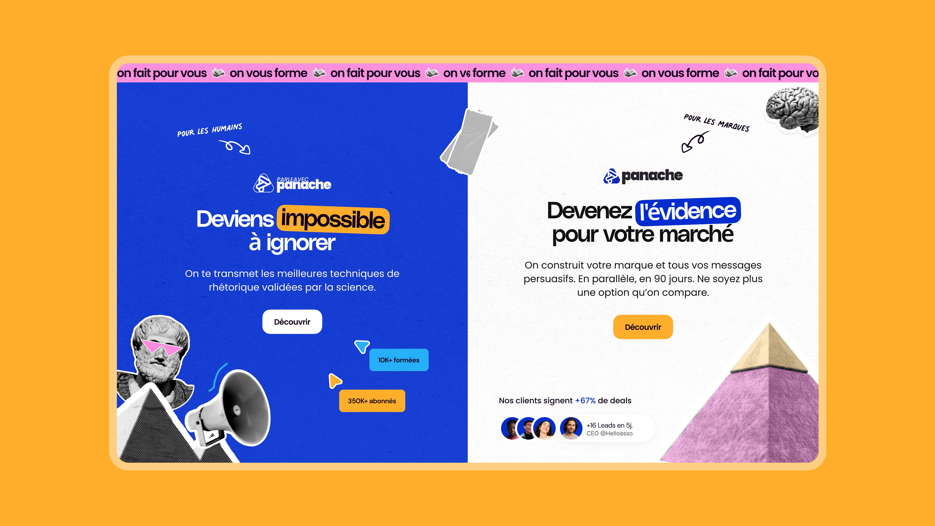 Pages d’accueil Panache côte à côte : « Deviens impossible à ignorer » sur fond bleu et « Devenez l’évidence »