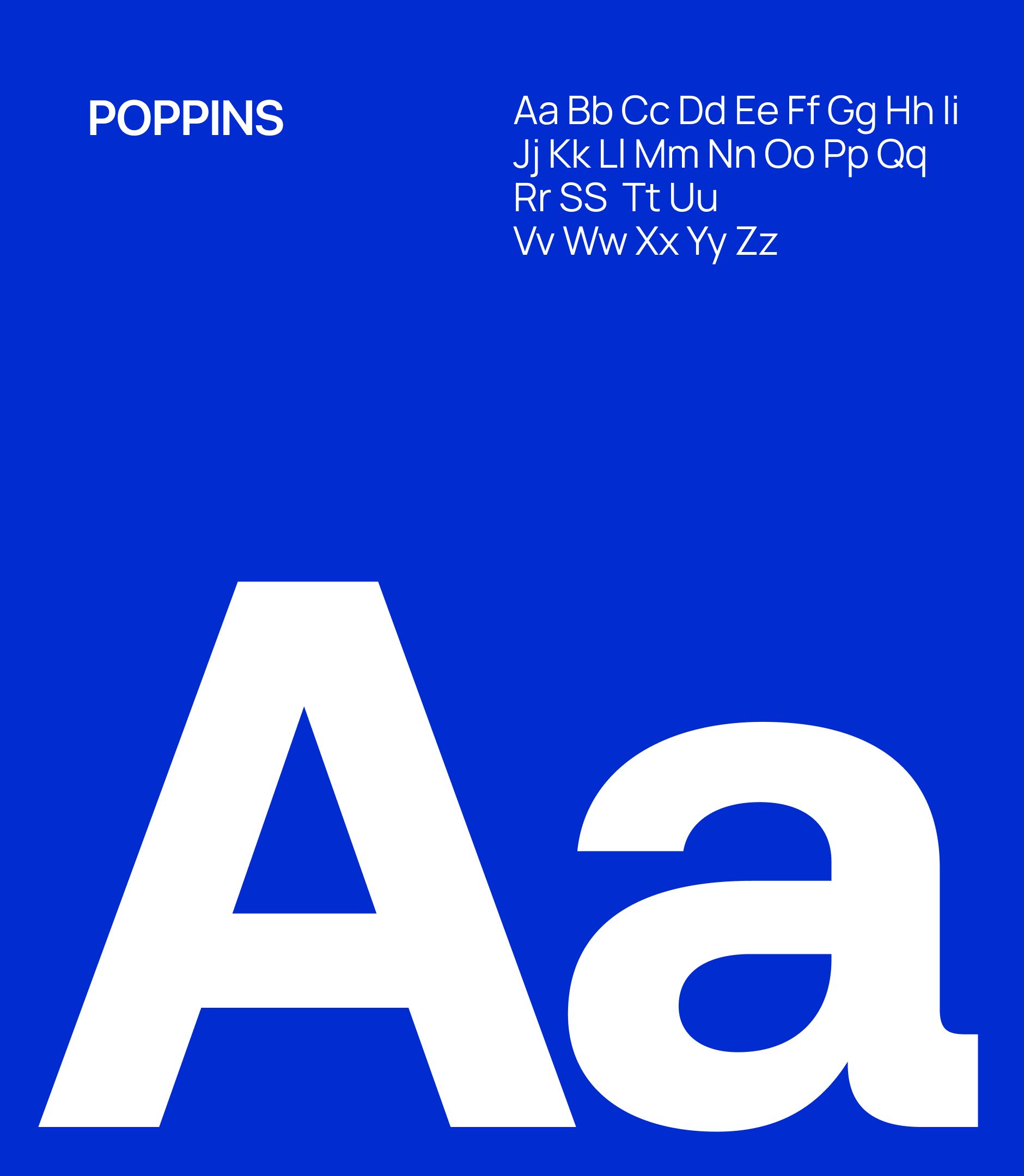 Planche typographique Panache : police Poppins, alphabet et grand « Aa » blancs sur fond bleu vif