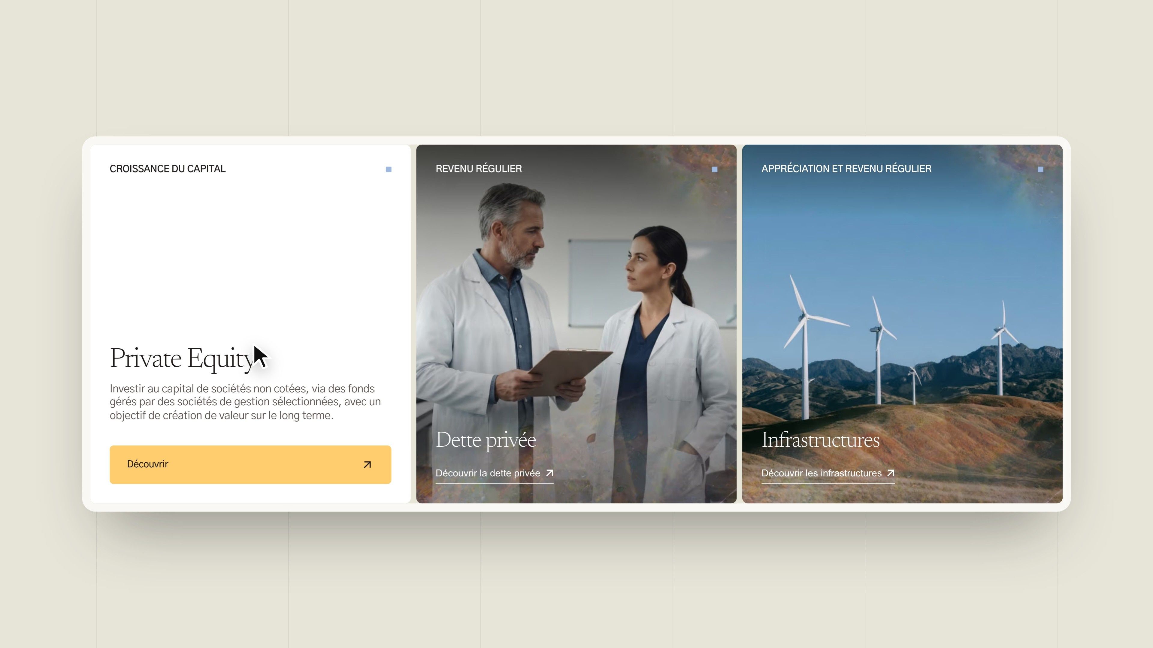 The three Private Equity, Private Debt and Infrastructure cards, which flip on hover