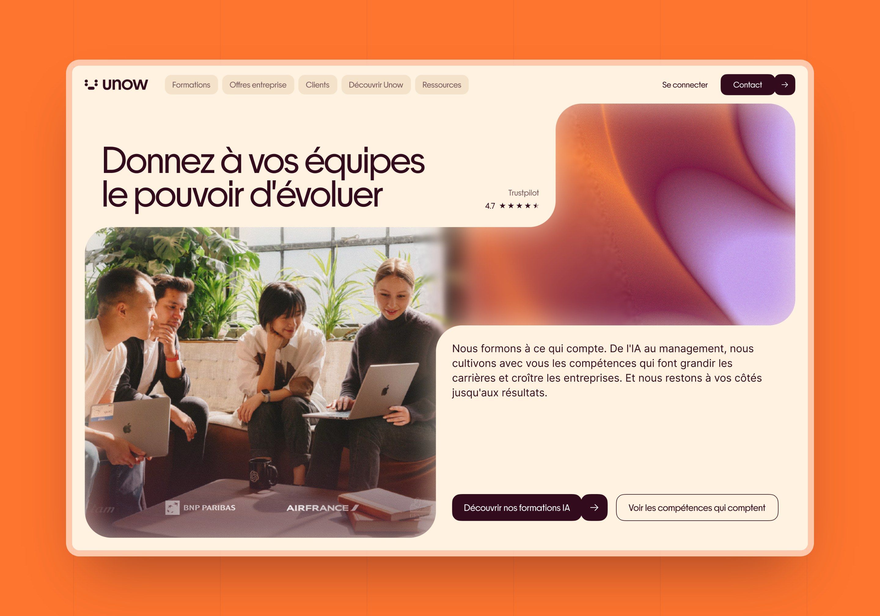 Direction C: Unow hero with an orange and violet gradient and a team in a workshop