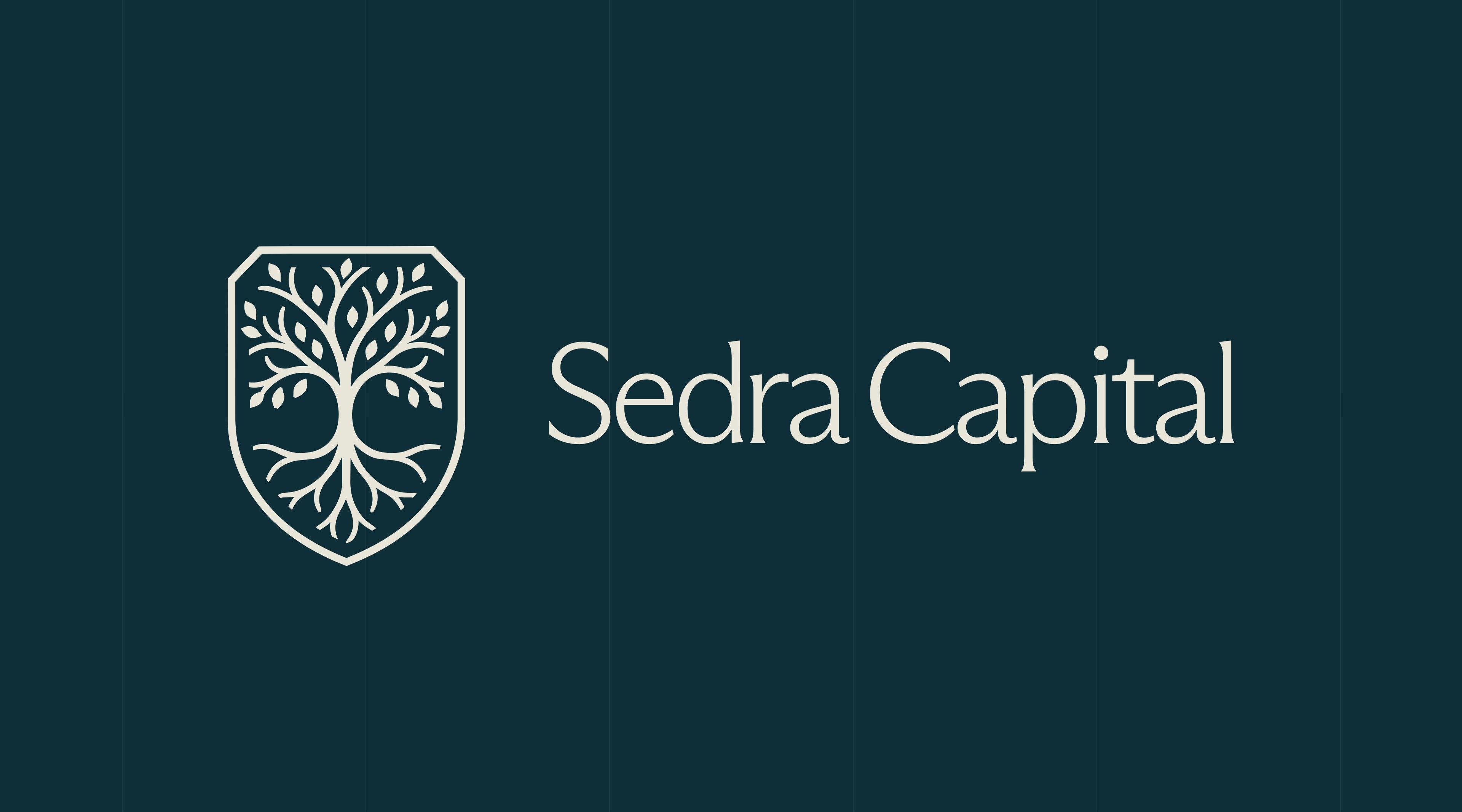 Sedra Capital logo: the tree crest and the logotype, in ivory on petrol blue