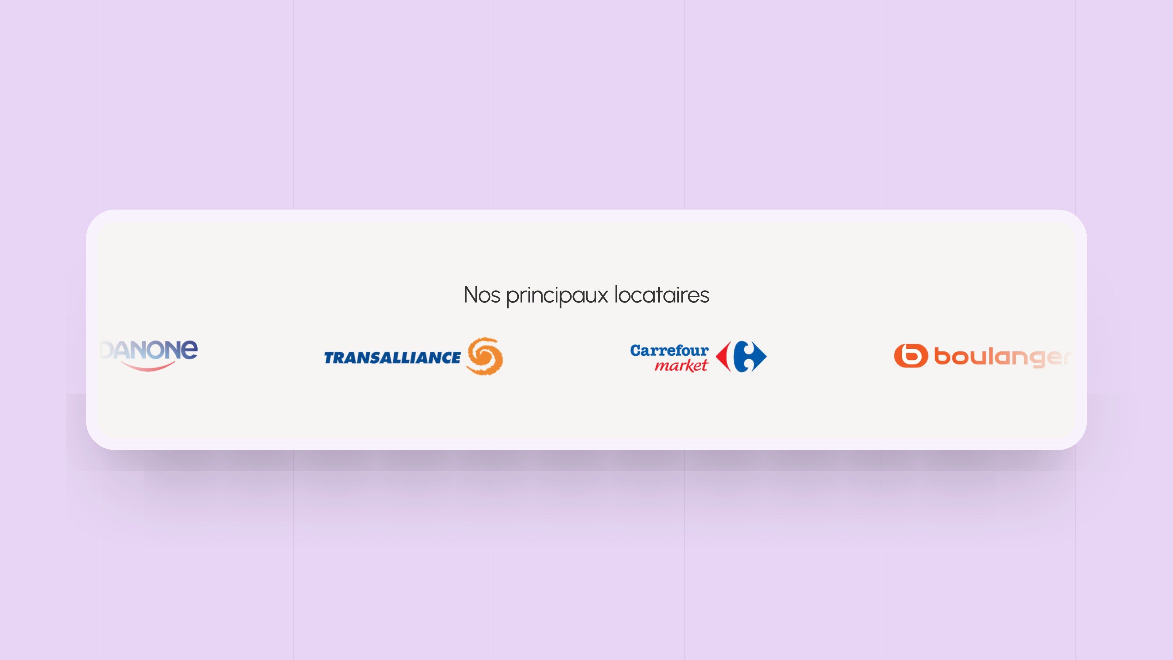 “Our main tenants” banner: Franprix, Danone, Transalliance, Carrefour Market, Boulanger