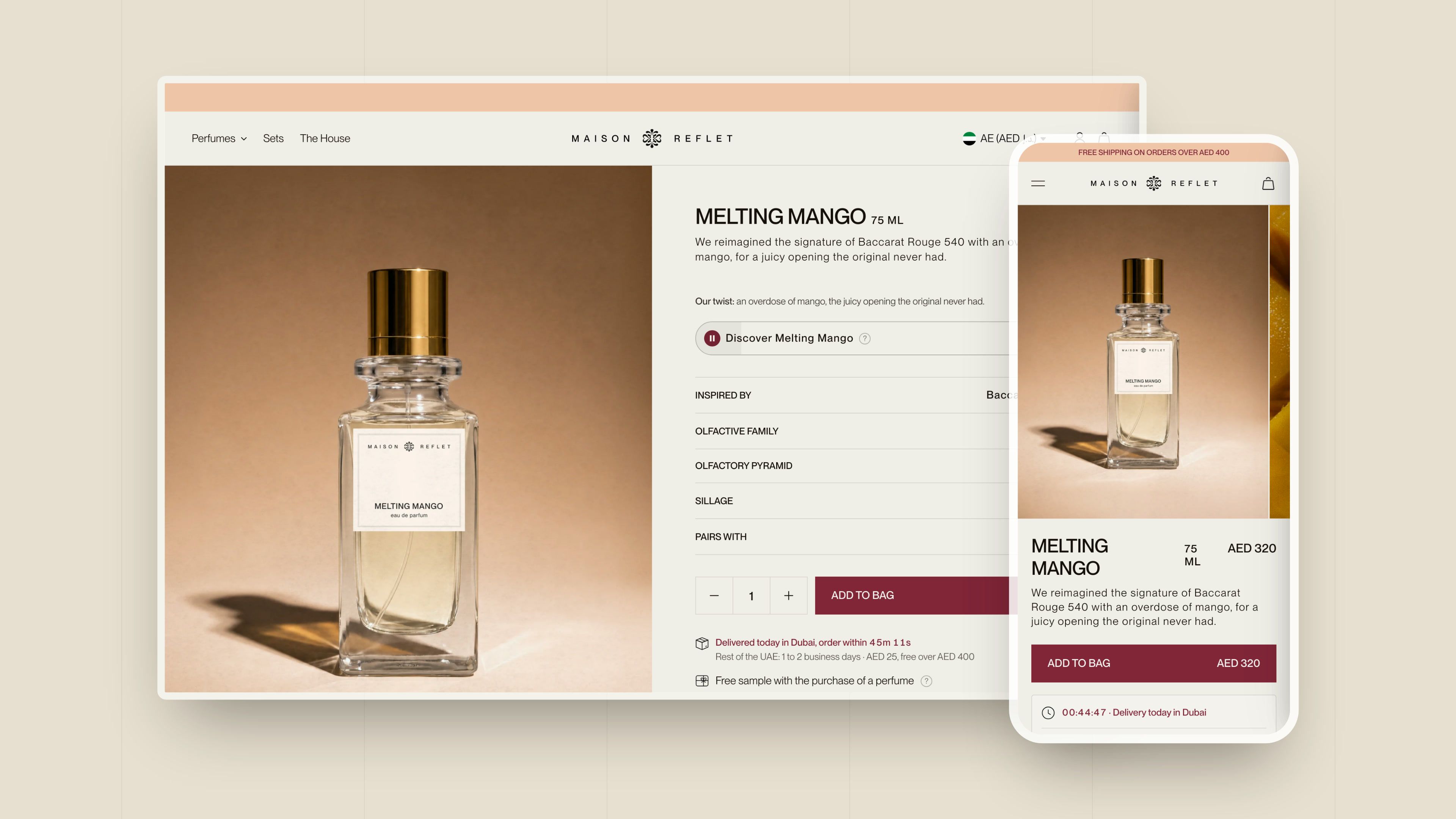 Melting Mango product page on desktop, audio portrait playing, and the page on mobile