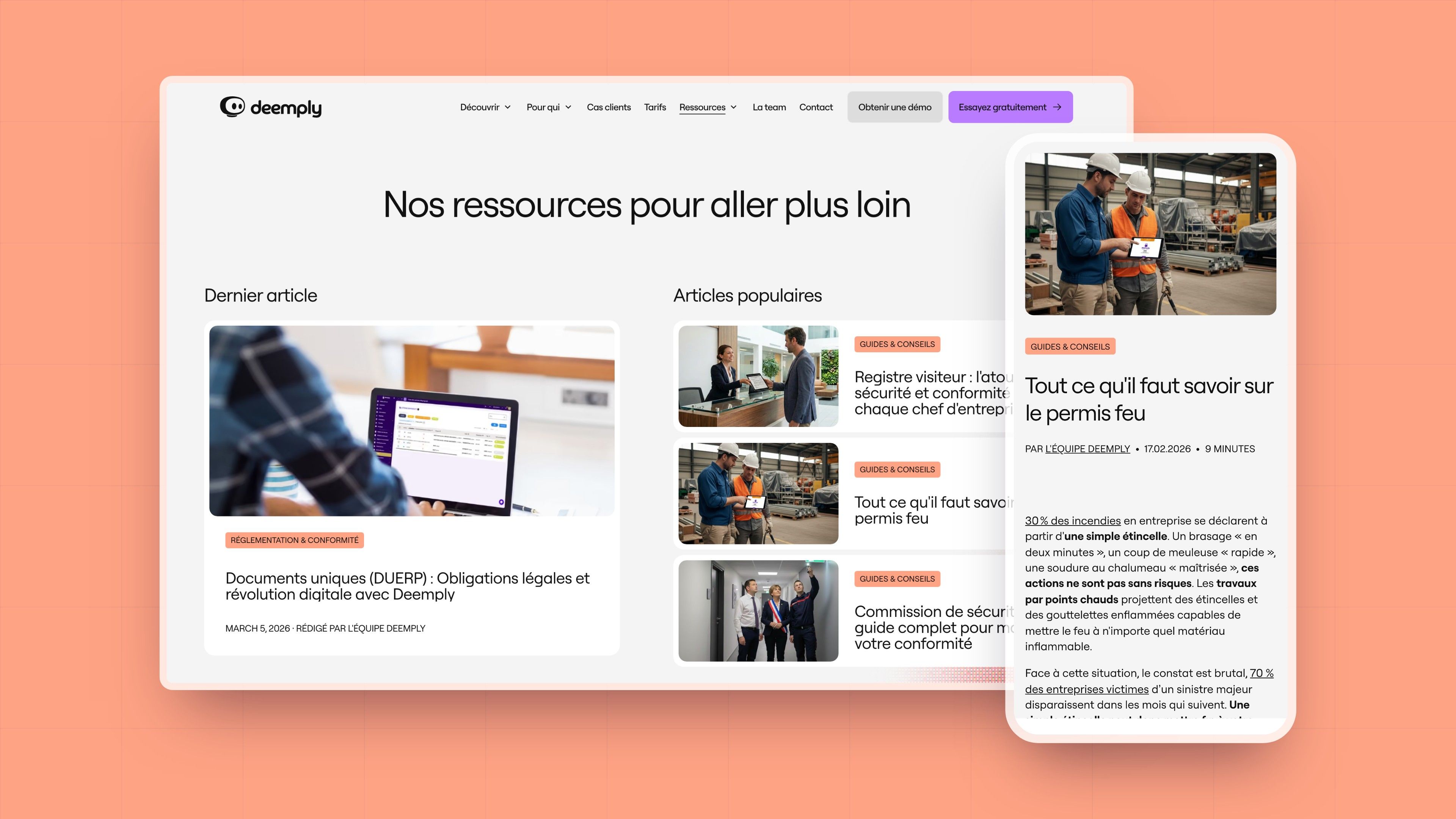 “Our resources to go further” page on desktop and the hot work permit article on mobile
