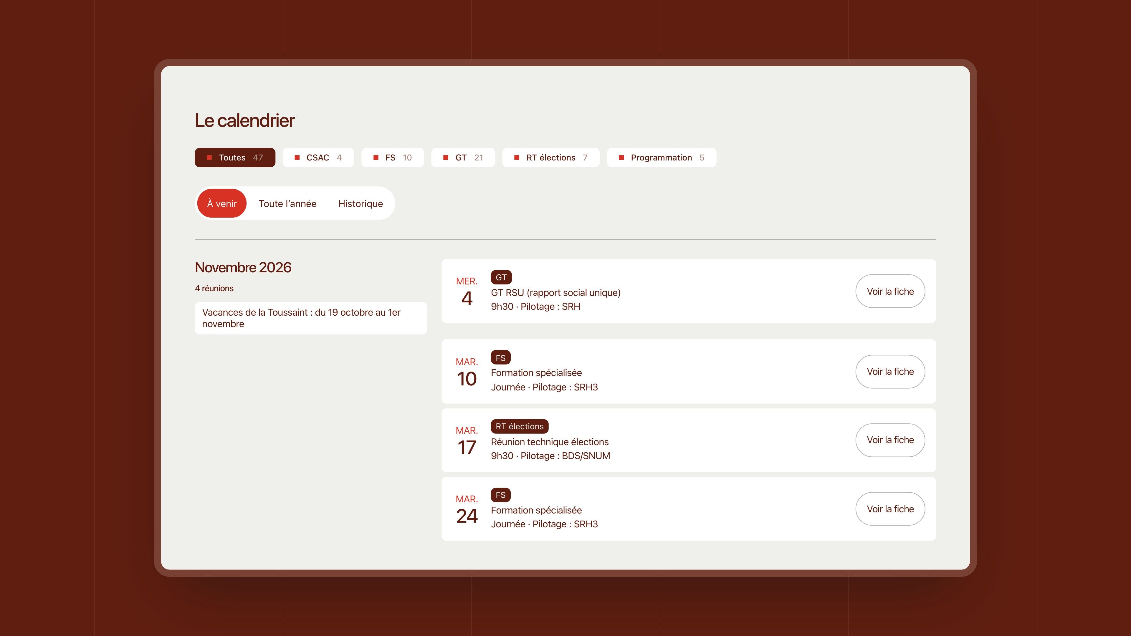 The social calendar filtered by body: CSAC, specialised bodies, working groups