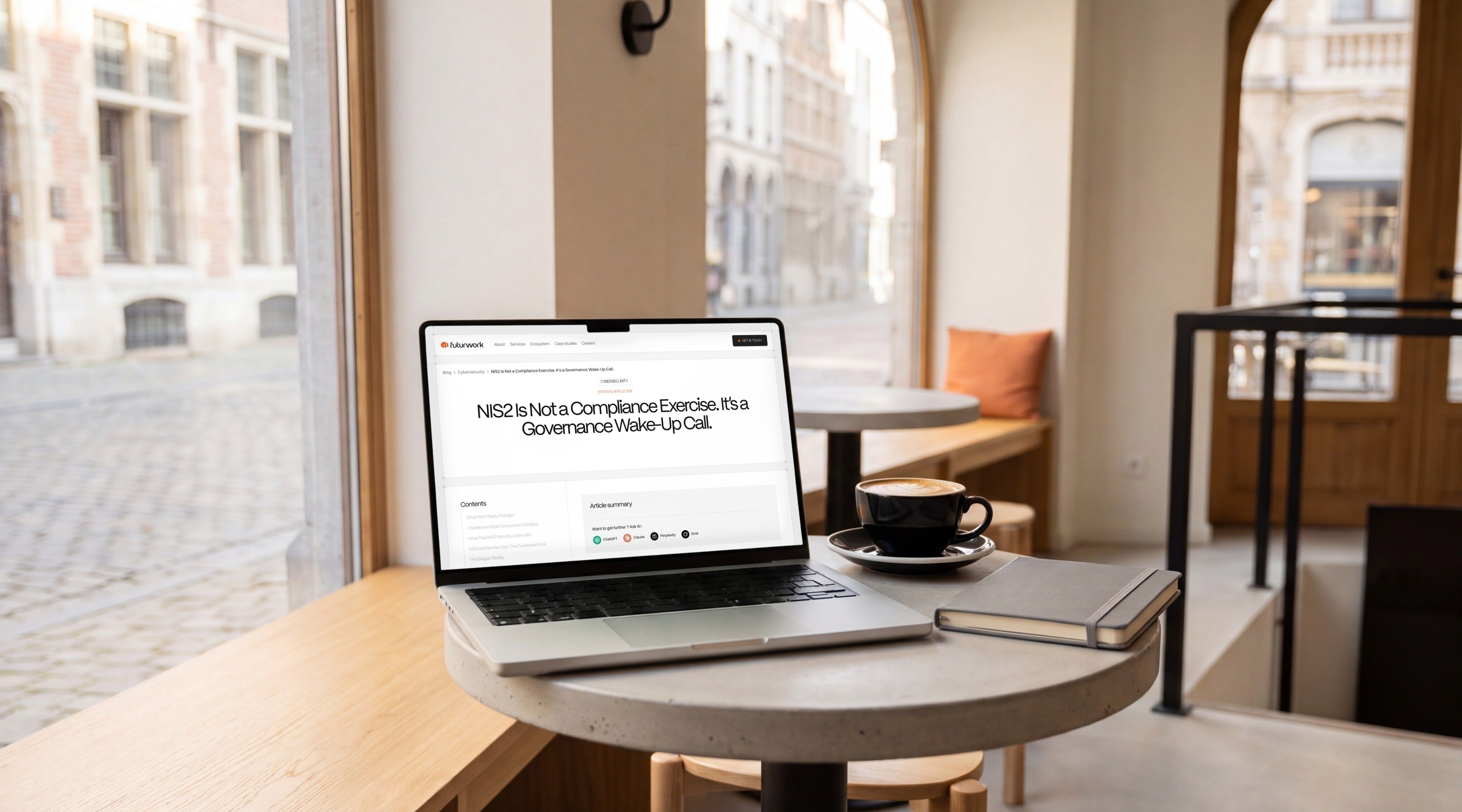 MacBook Pro open on the Futurwork article “NIS2 Is Not a Compliance Exercise. It's a Governance Wake-Up Call.”