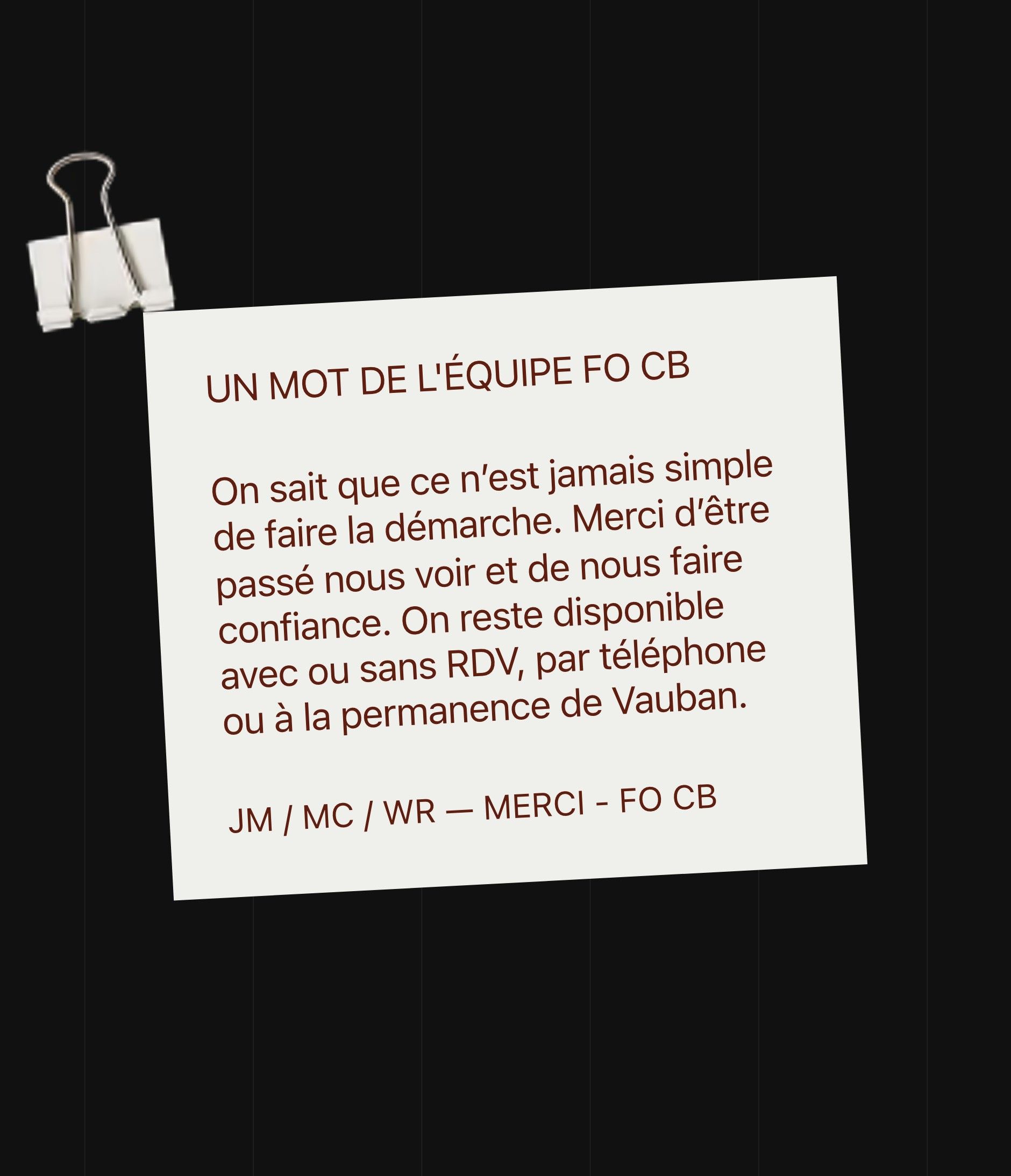 A word from the FO CB team, a note pinned in the footer