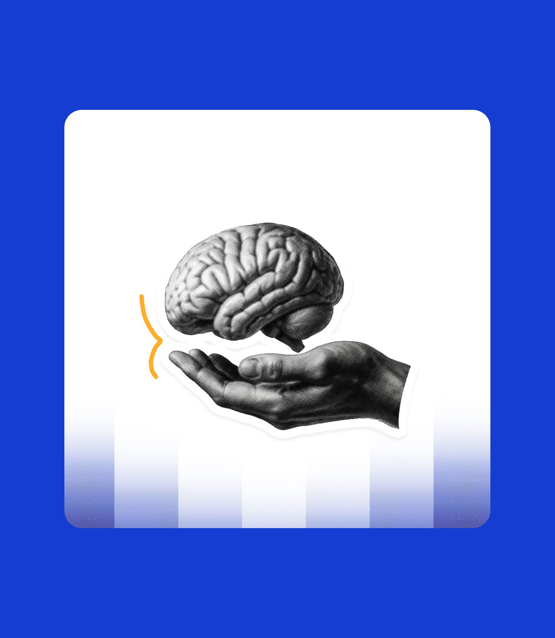 Illustration Panache en collage noir et blanc : un cerveau flottant au-dessus d’une main ouverte, sur fond bleu