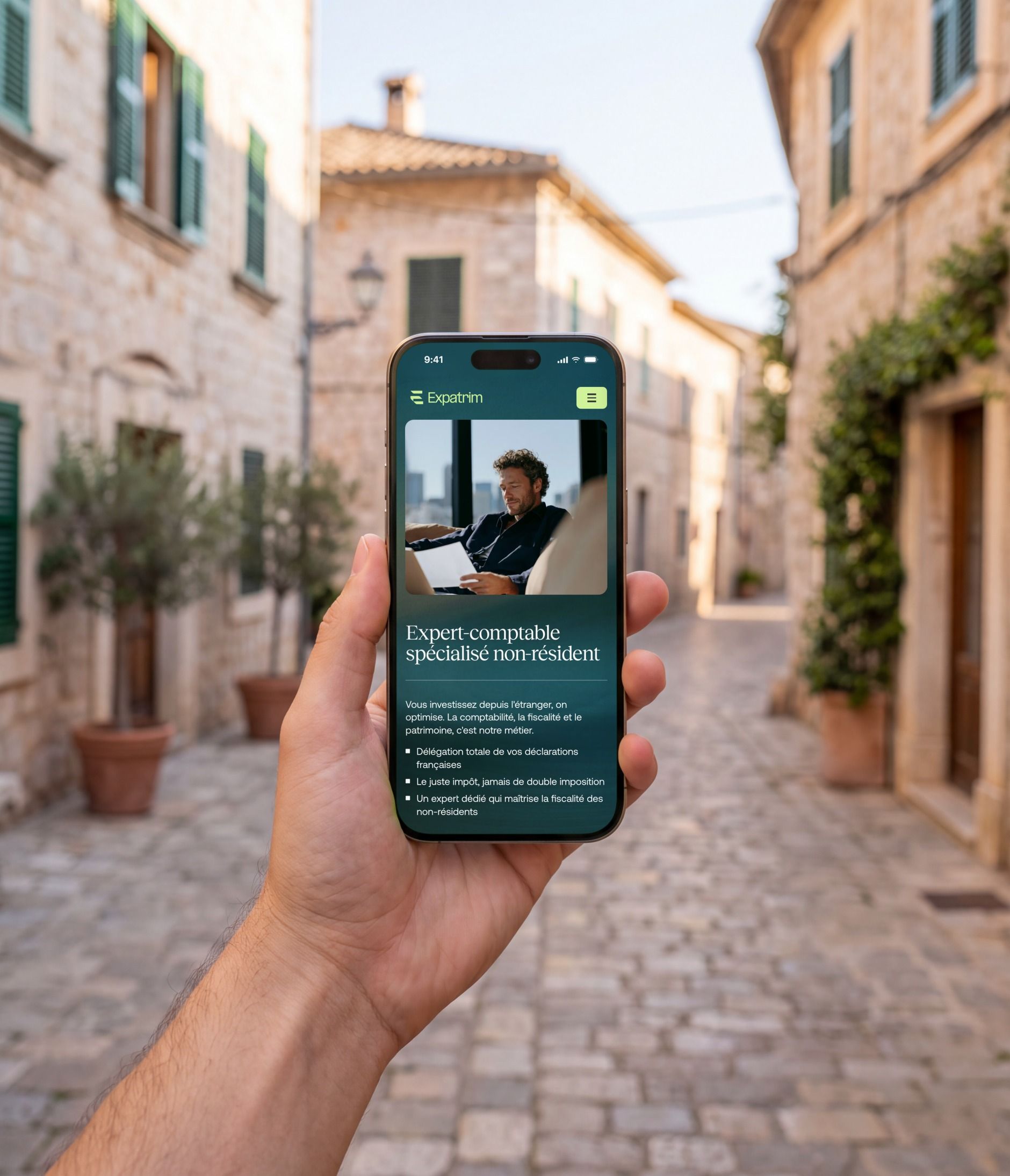 iPhone 16 Pro open on Expatrim's “Accountant specialised in non-residents” page
