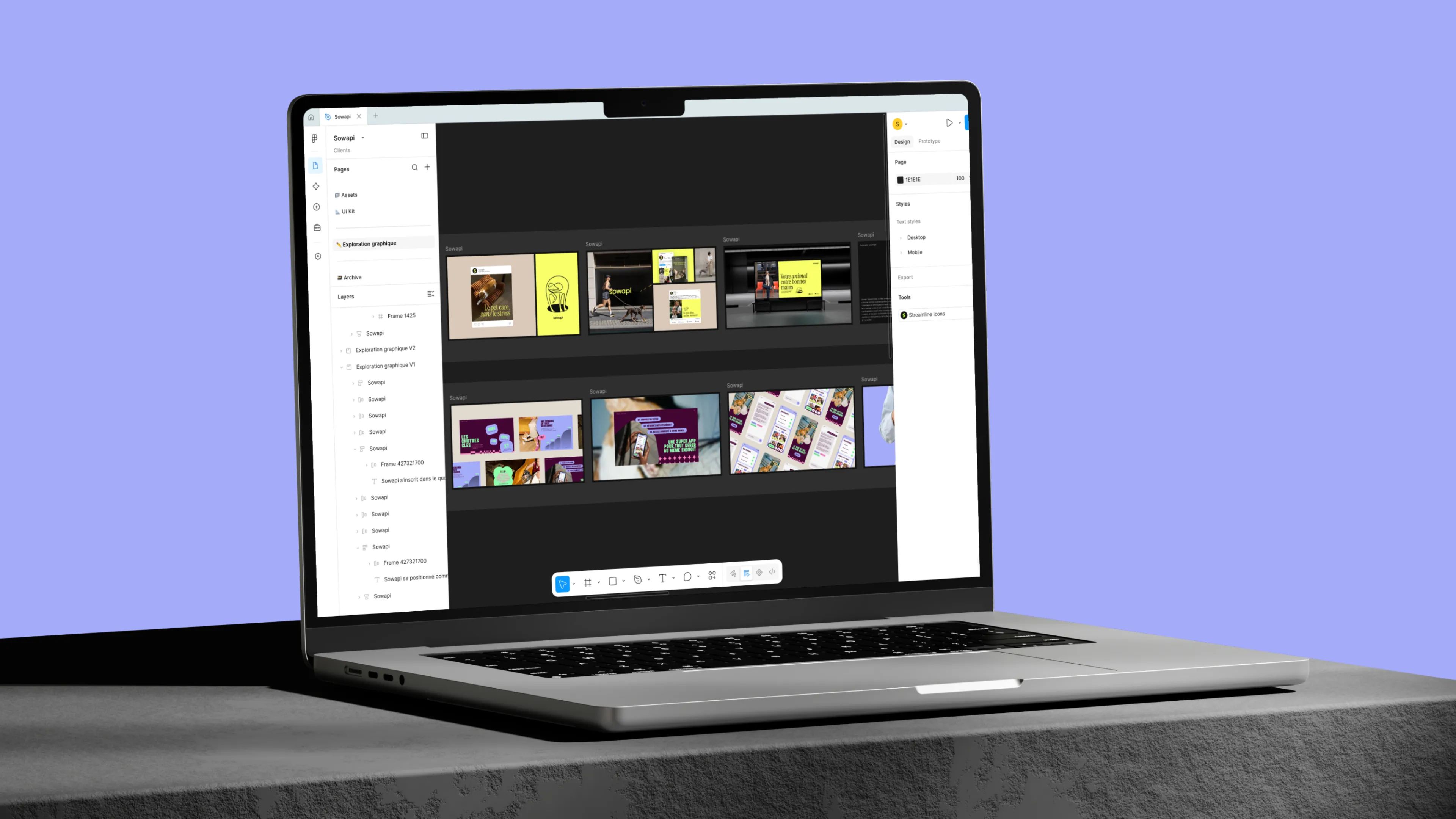 Laptop showing Figma with Sowapi's "Exploration graphique" page: two rows of moodboard visuals