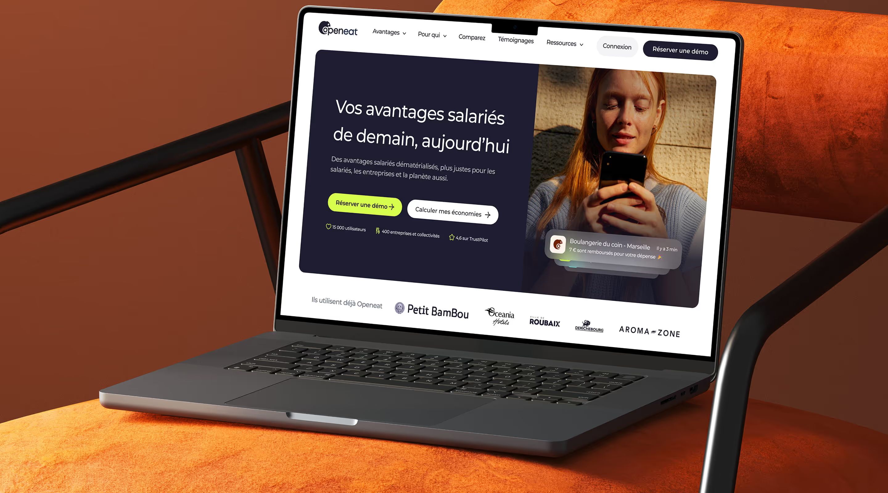 Page d’accueil Openeat sur un ordinateur portable : « Vos avantages salariés de demain, aujourd’hui »