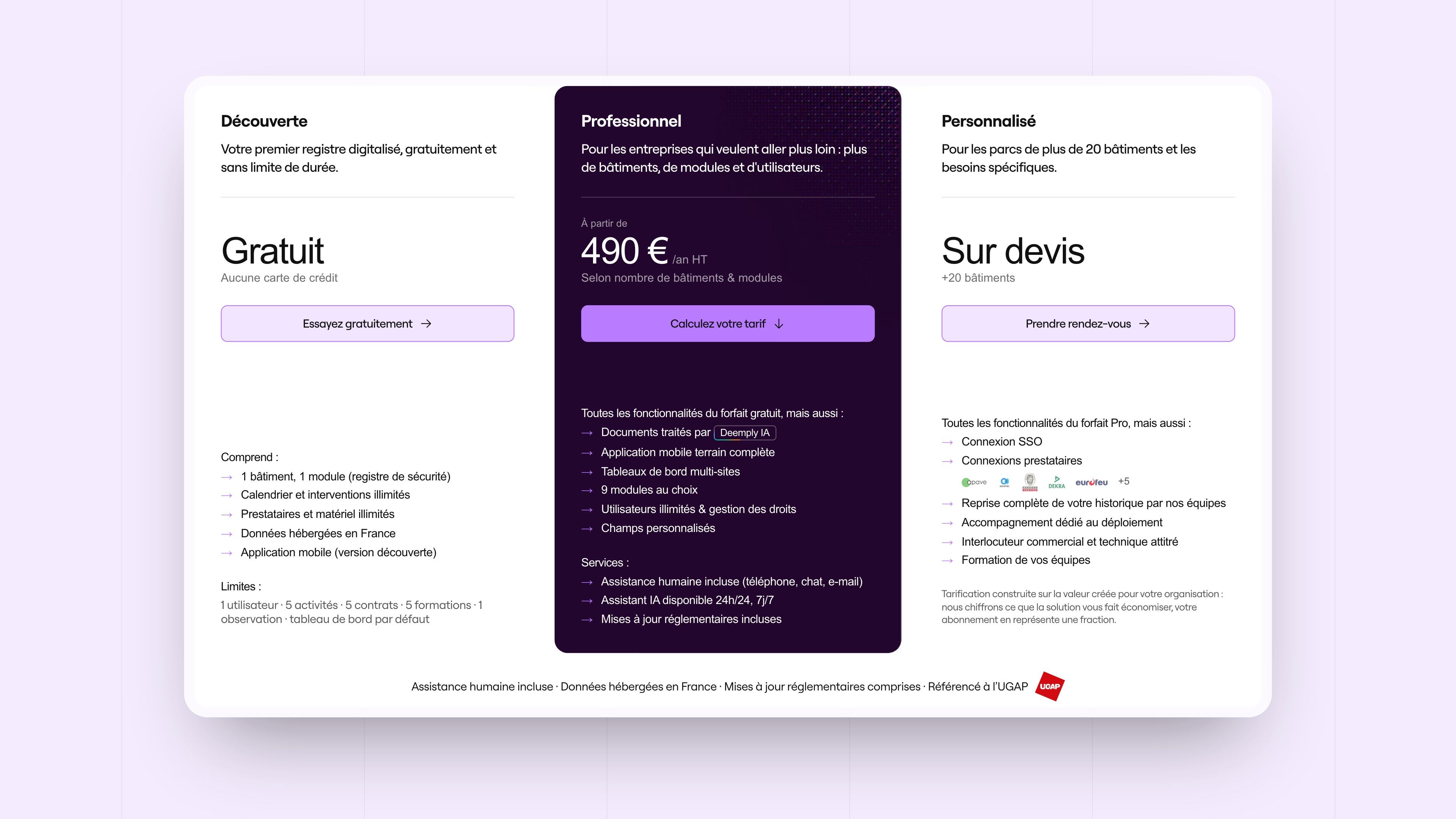 Deemply pricing grid: free Discovery, Professional at €490 and Custom on quote