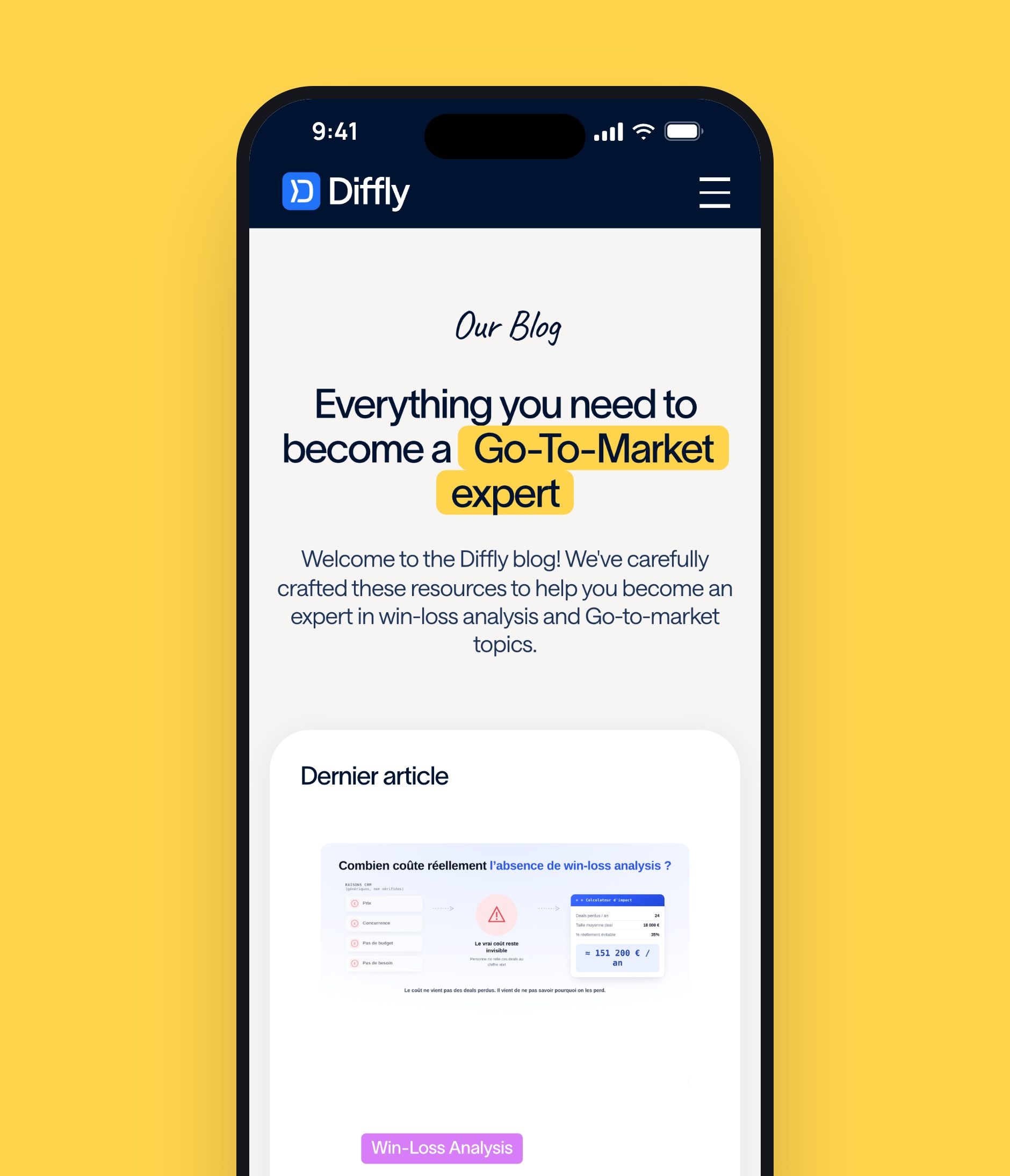 iPhone on a yellow background, showing the Diffly mobile blog: “Everything you need to become a Go-To-Market expert” and the latest article