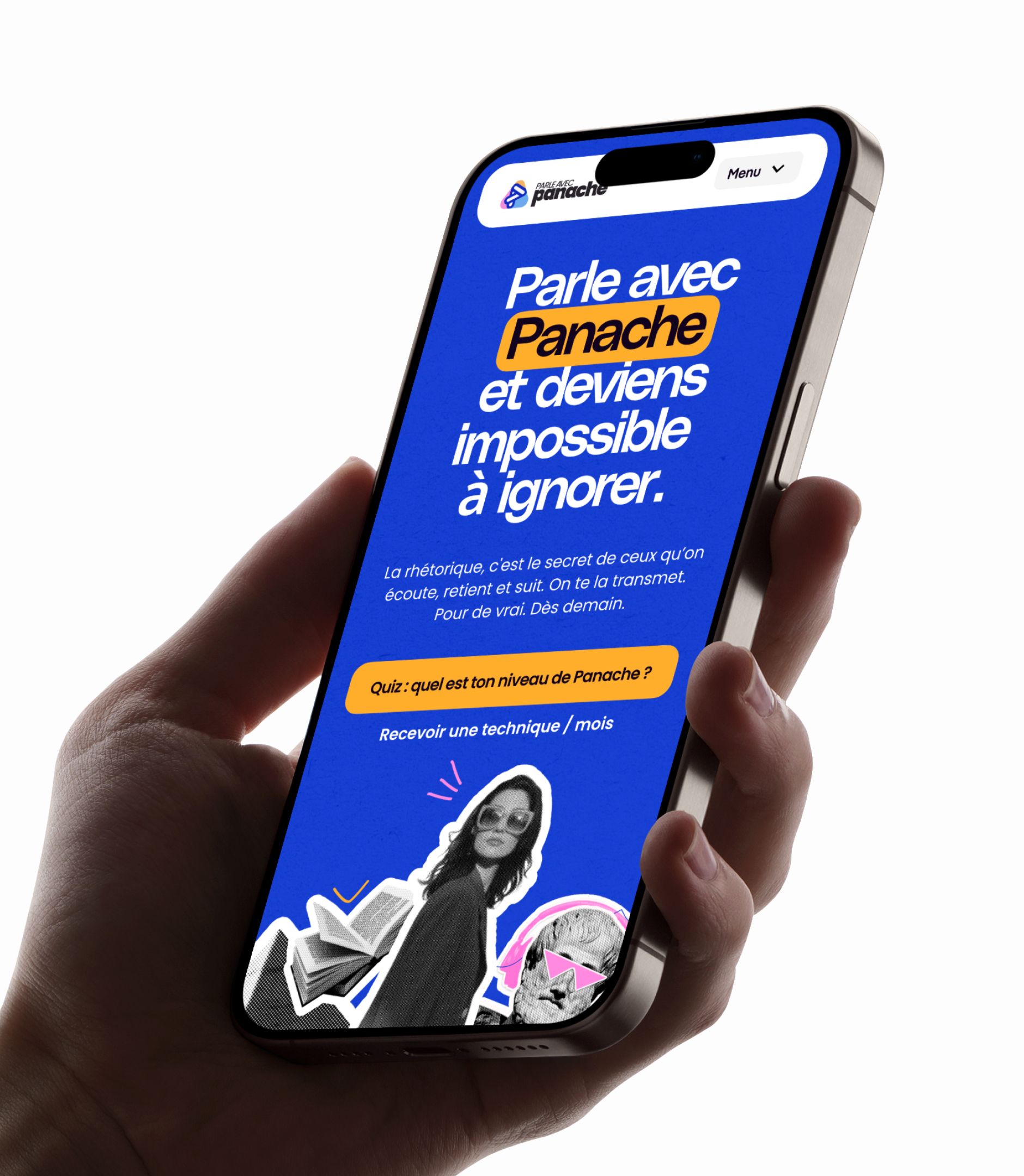 Site mobile Parle avec Panache sur smartphone : titre « Parle avec Panache et deviens impossible à ignorer » et bouton quiz