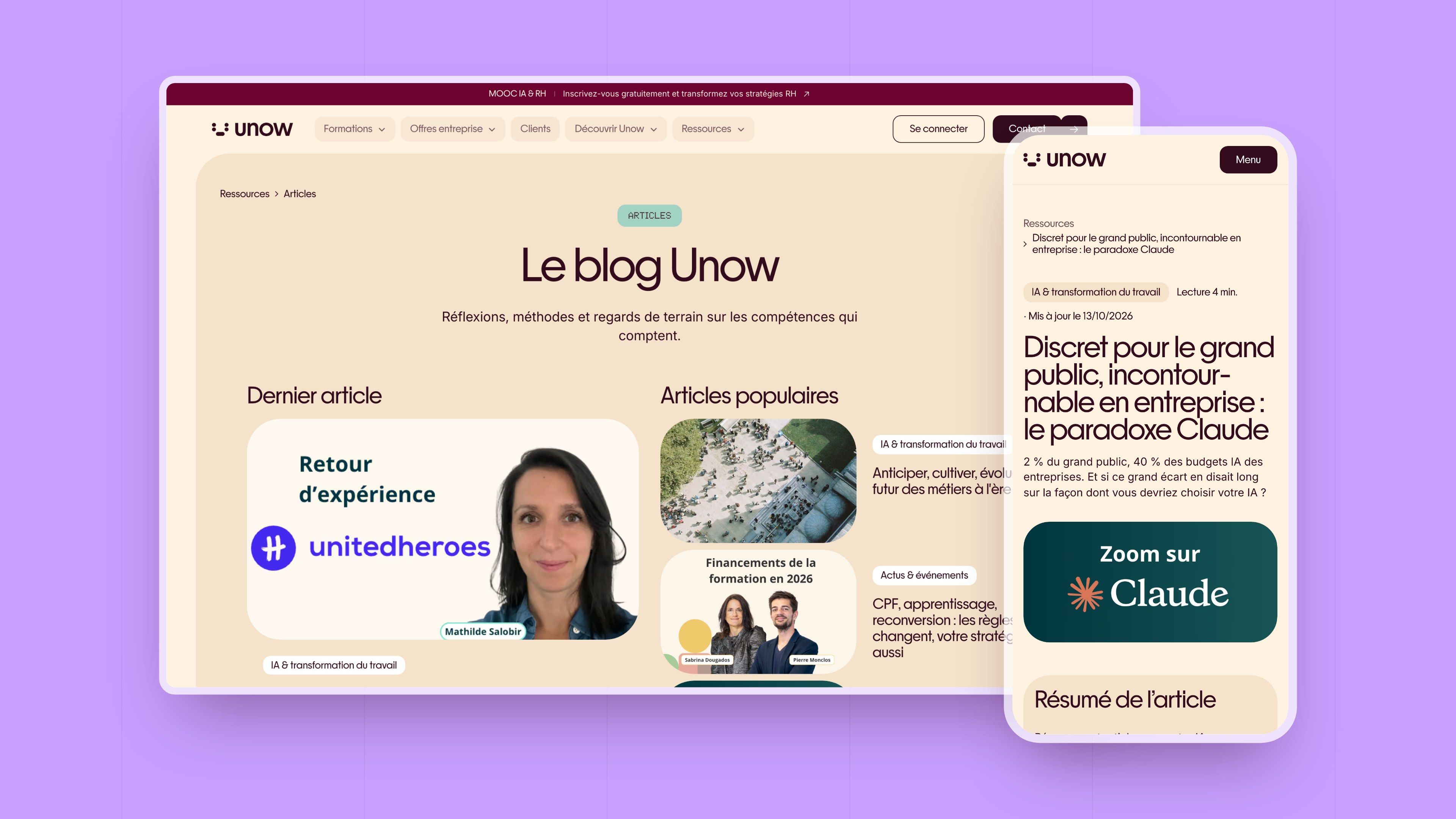 Page “The Unow blog” on desktop and the article on Claude in business on mobile
