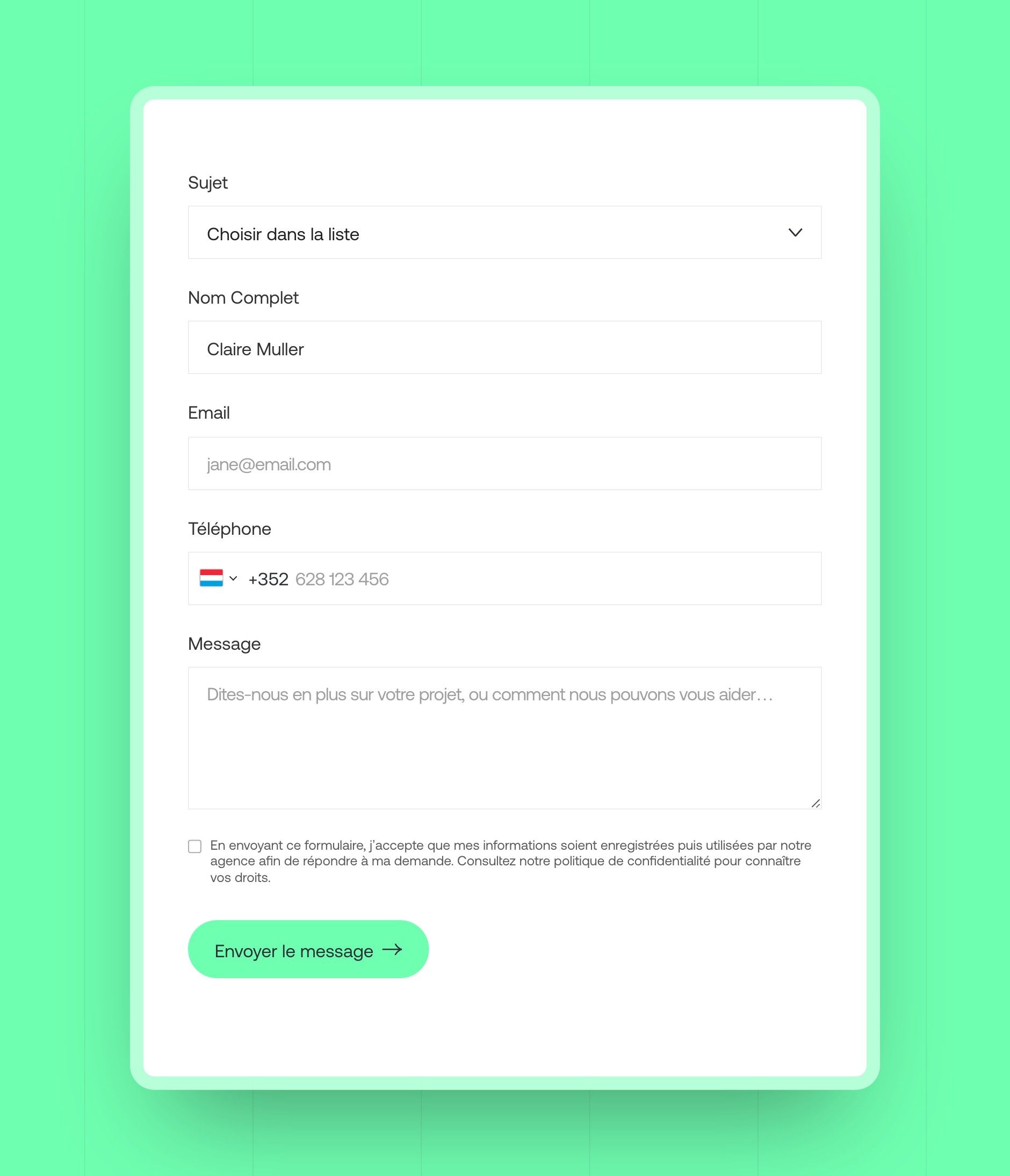 Built-in contact form: subject, name, email, phone with country code and message