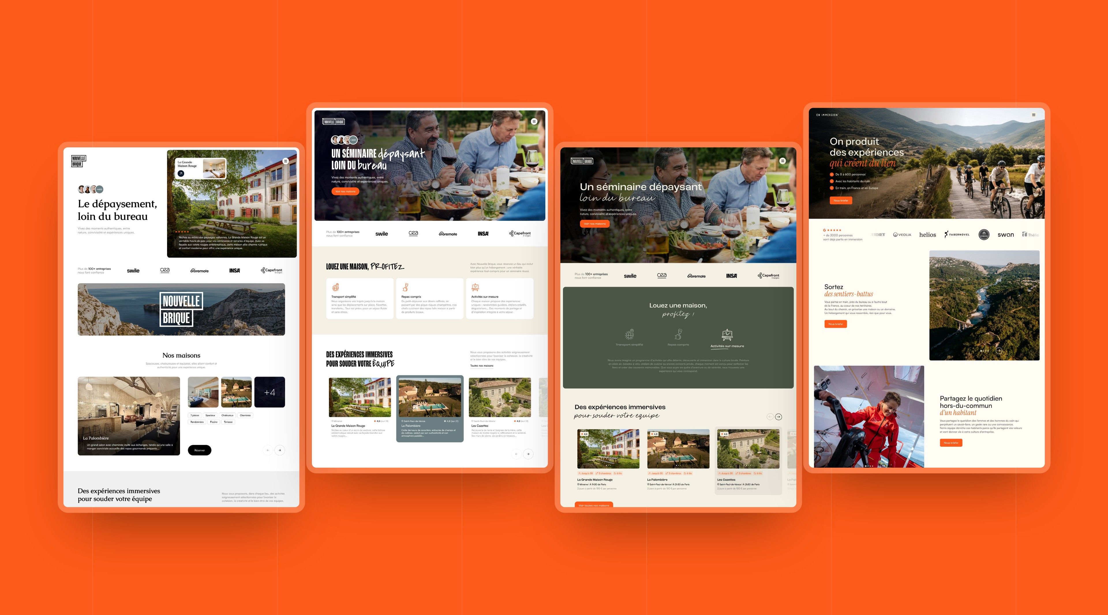 Three home page directions explored for Nouvelle Brique and the live En Immersion home page, side by side on an orange background