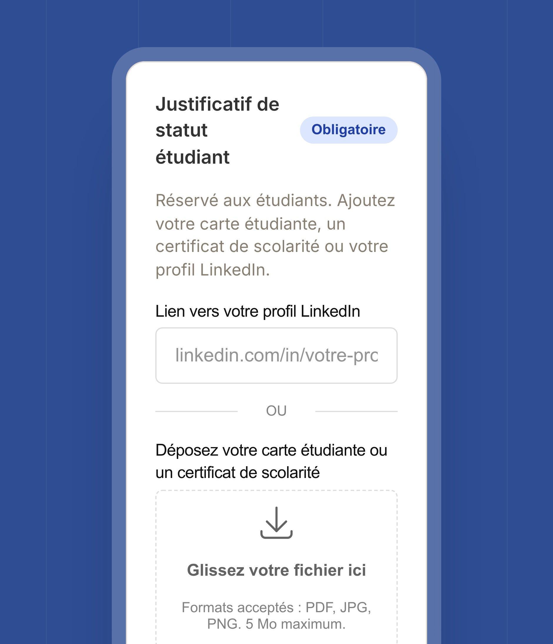 Student Pack form: LinkedIn link or student card upload before payment
