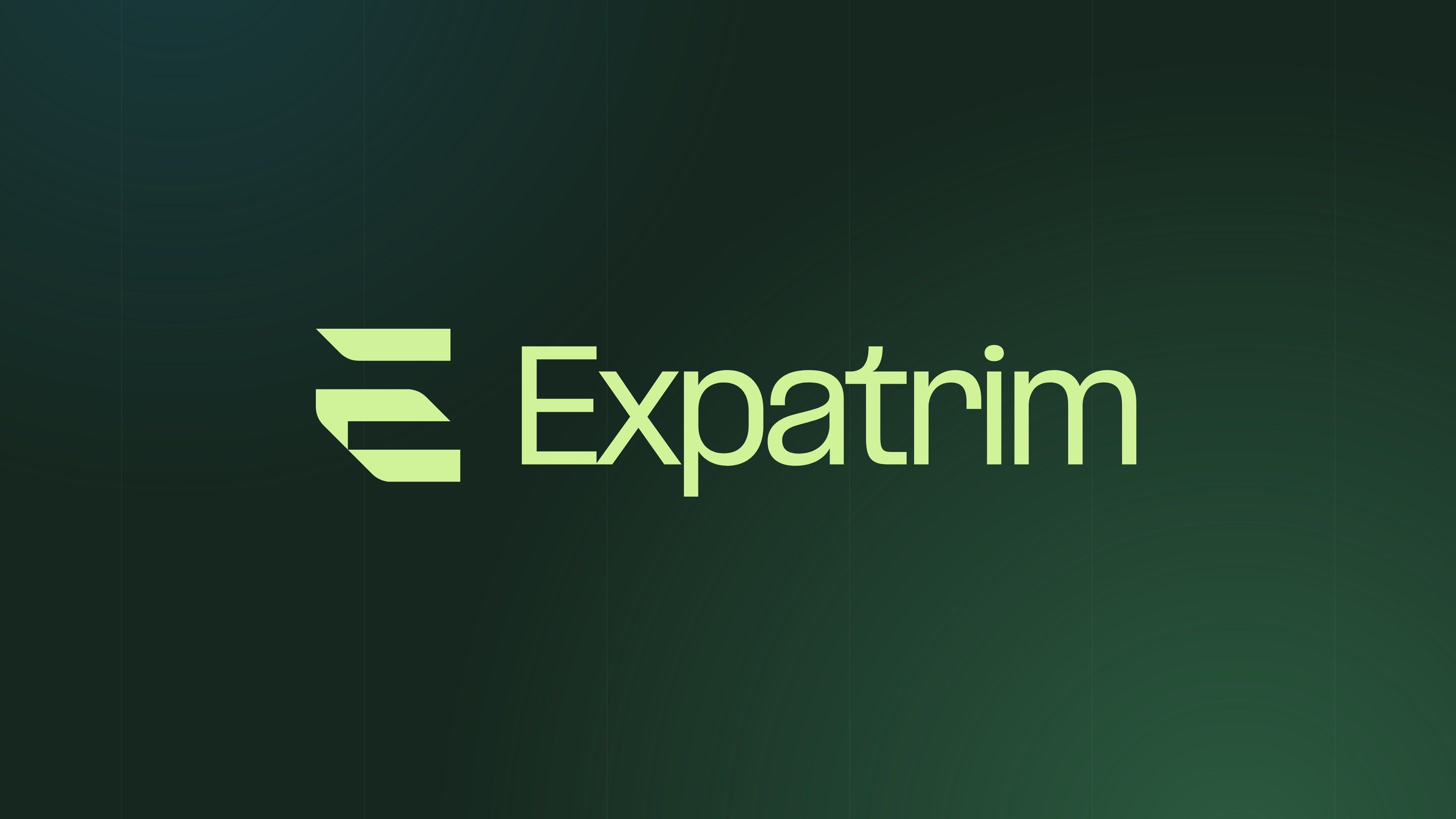 Expatrim logo in lime on a deep green background: the three-band symbol and the name