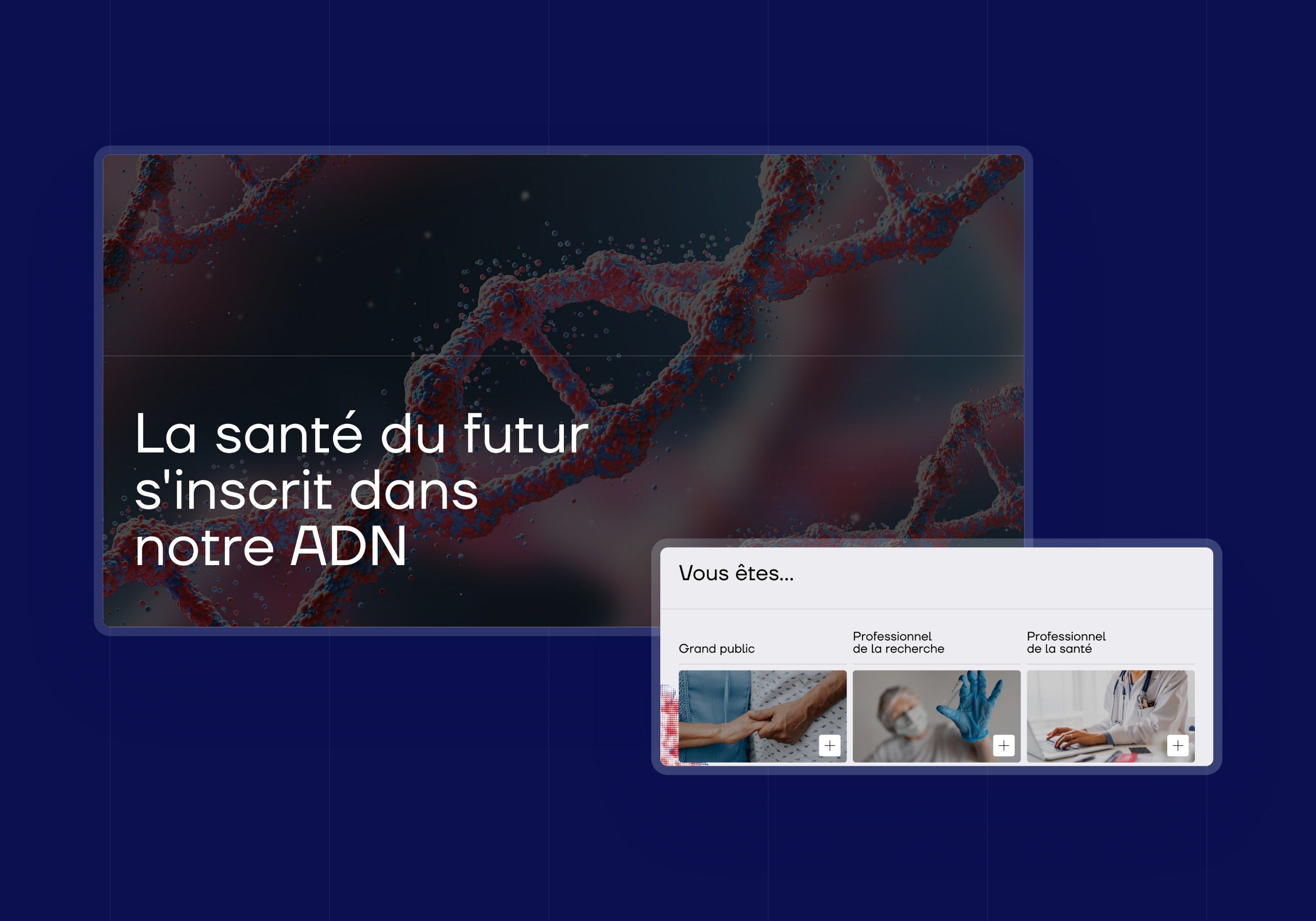Direction 3, DNA: dark hero on an image of DNA and the “You are…” section
