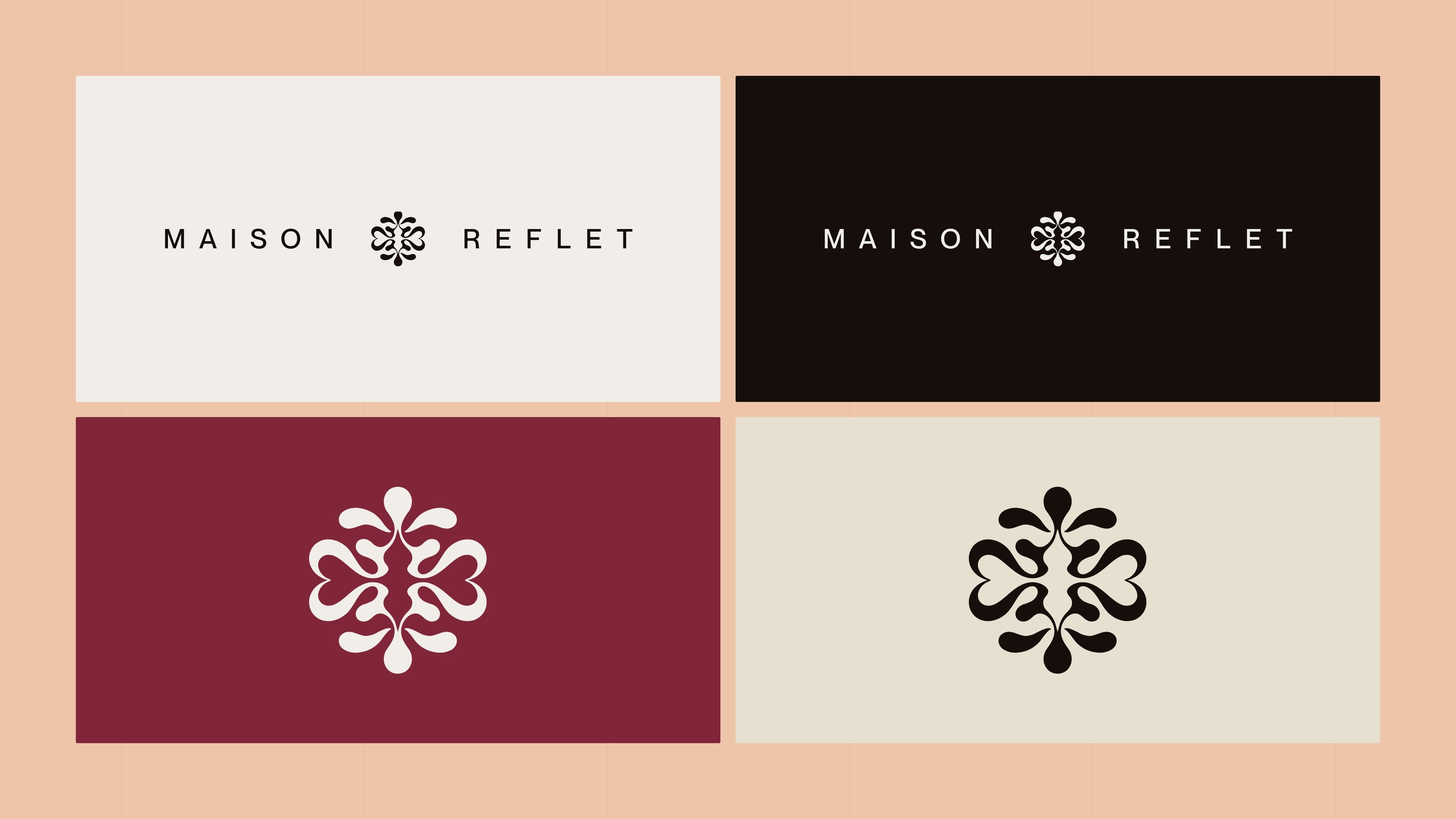 Logotype and symbol variations on cream, ink, burgundy and sand