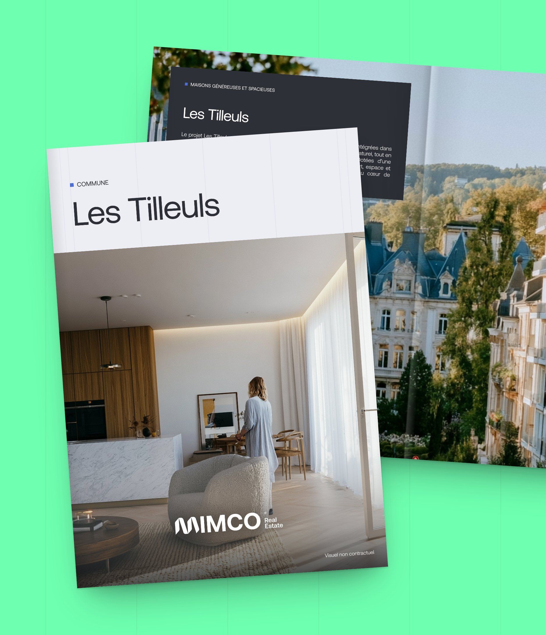 “Les Tilleuls” brochure cover on a spread, on a mint green background
