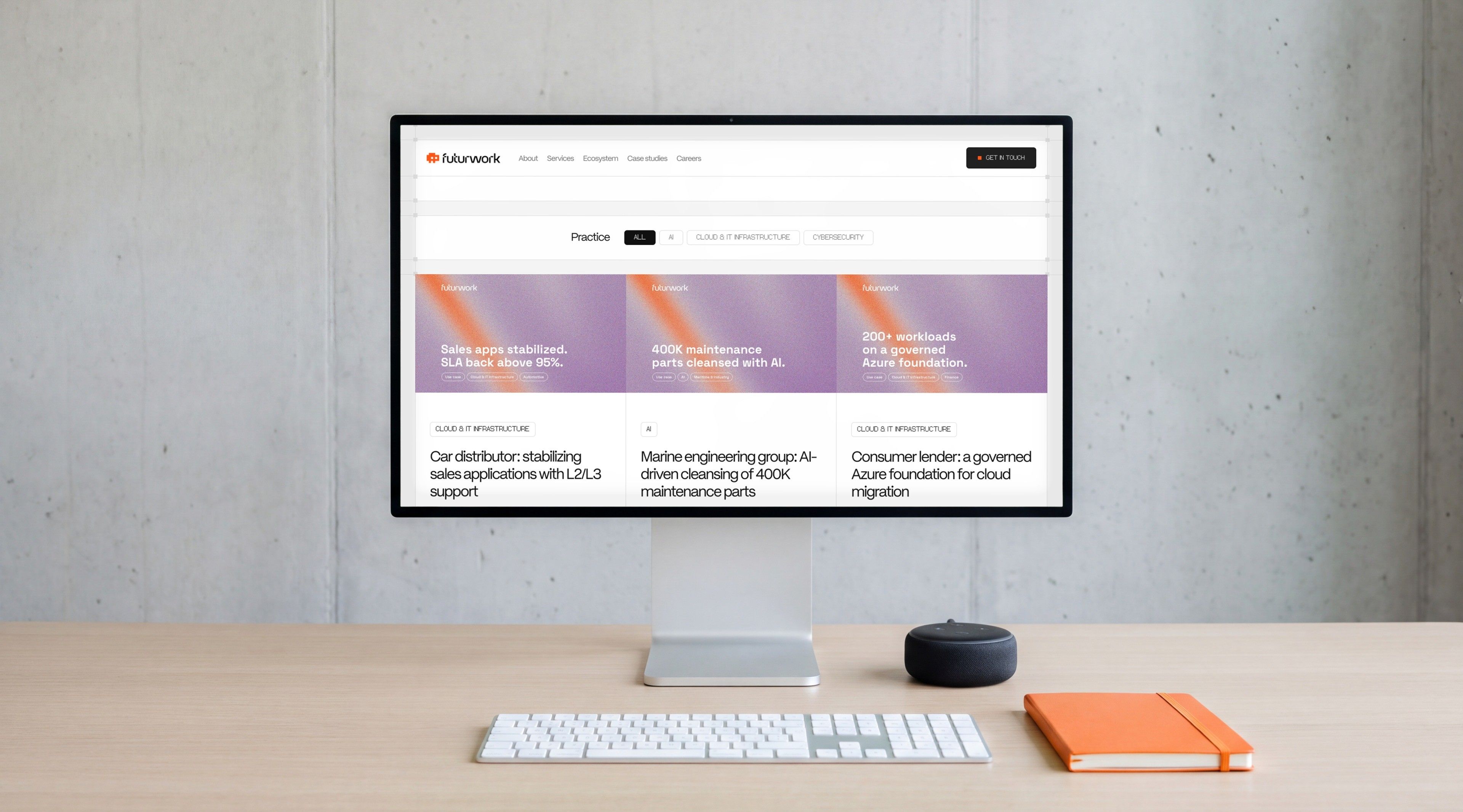 Pro Display XDR open on Futurwork's case studies page and its filter by practice