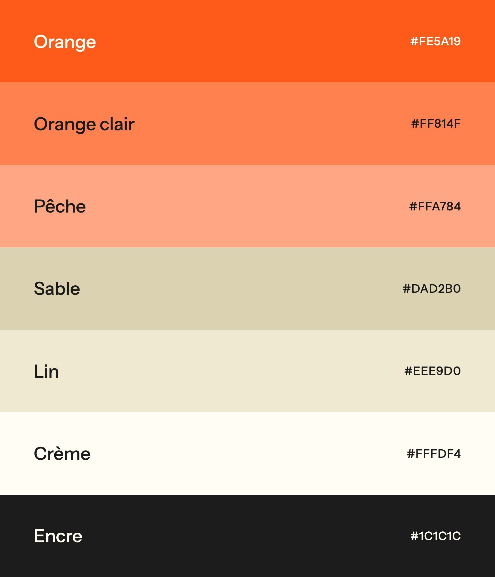 En Immersion palette: orange, light orange, peach, sand, linen, cream and ink