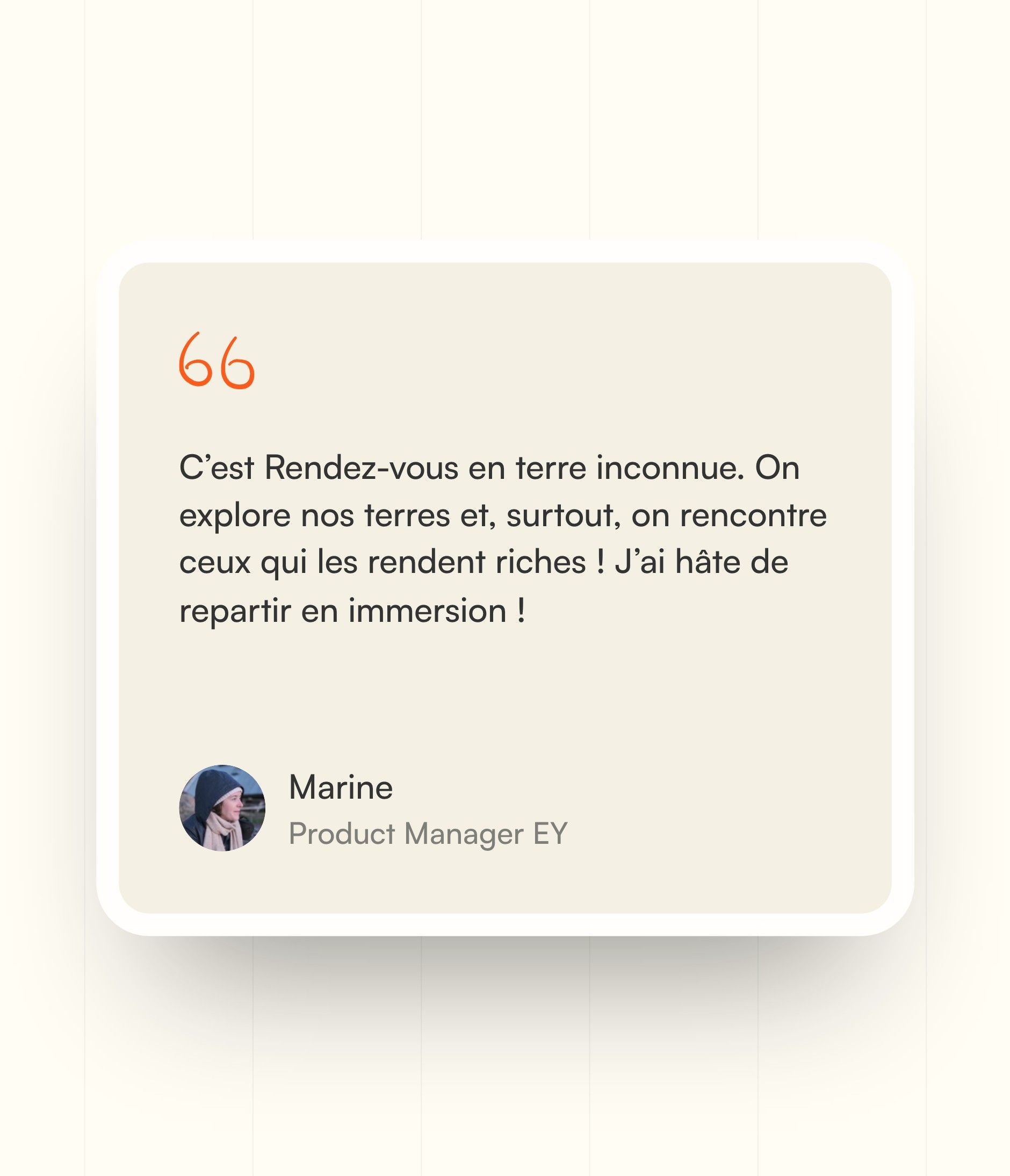 A participant's review, enlarged card on a cream background