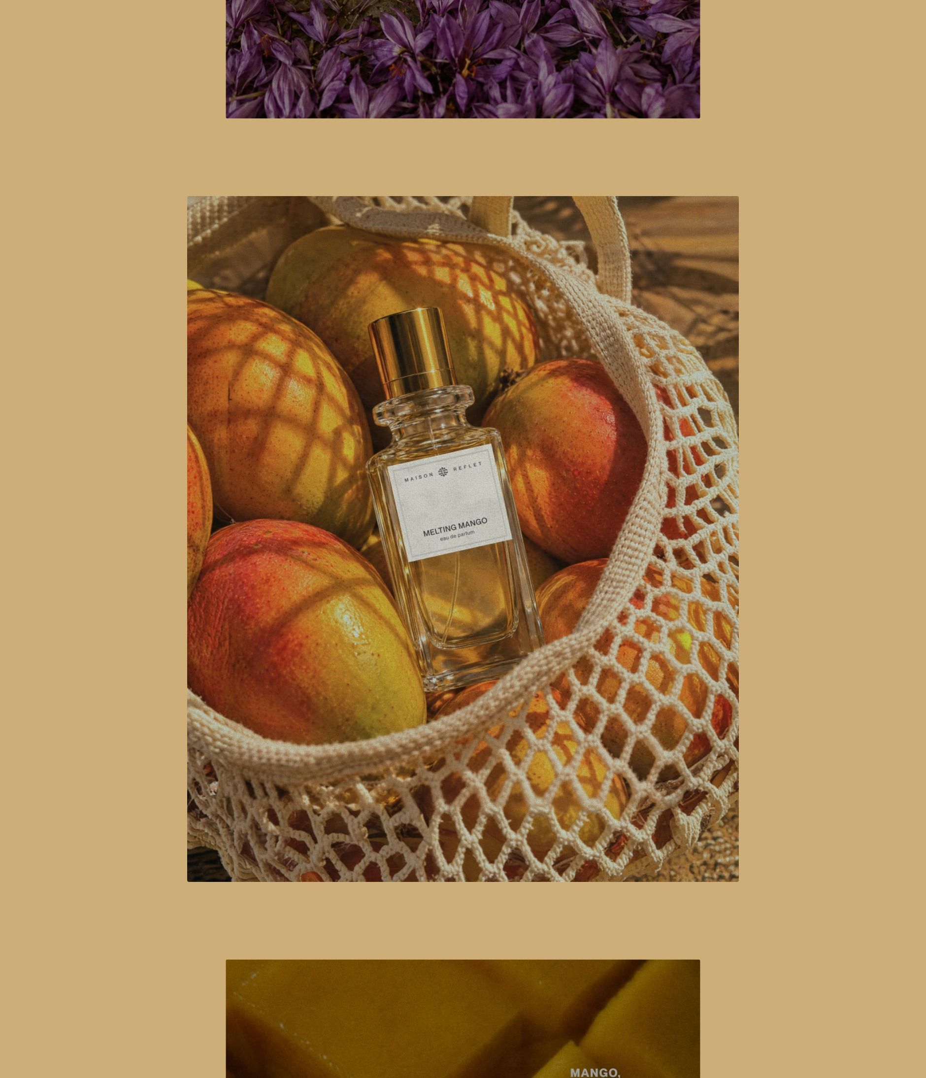 Melting Mango: the bottle in a net of mangoes, mango, jasmine and saffron