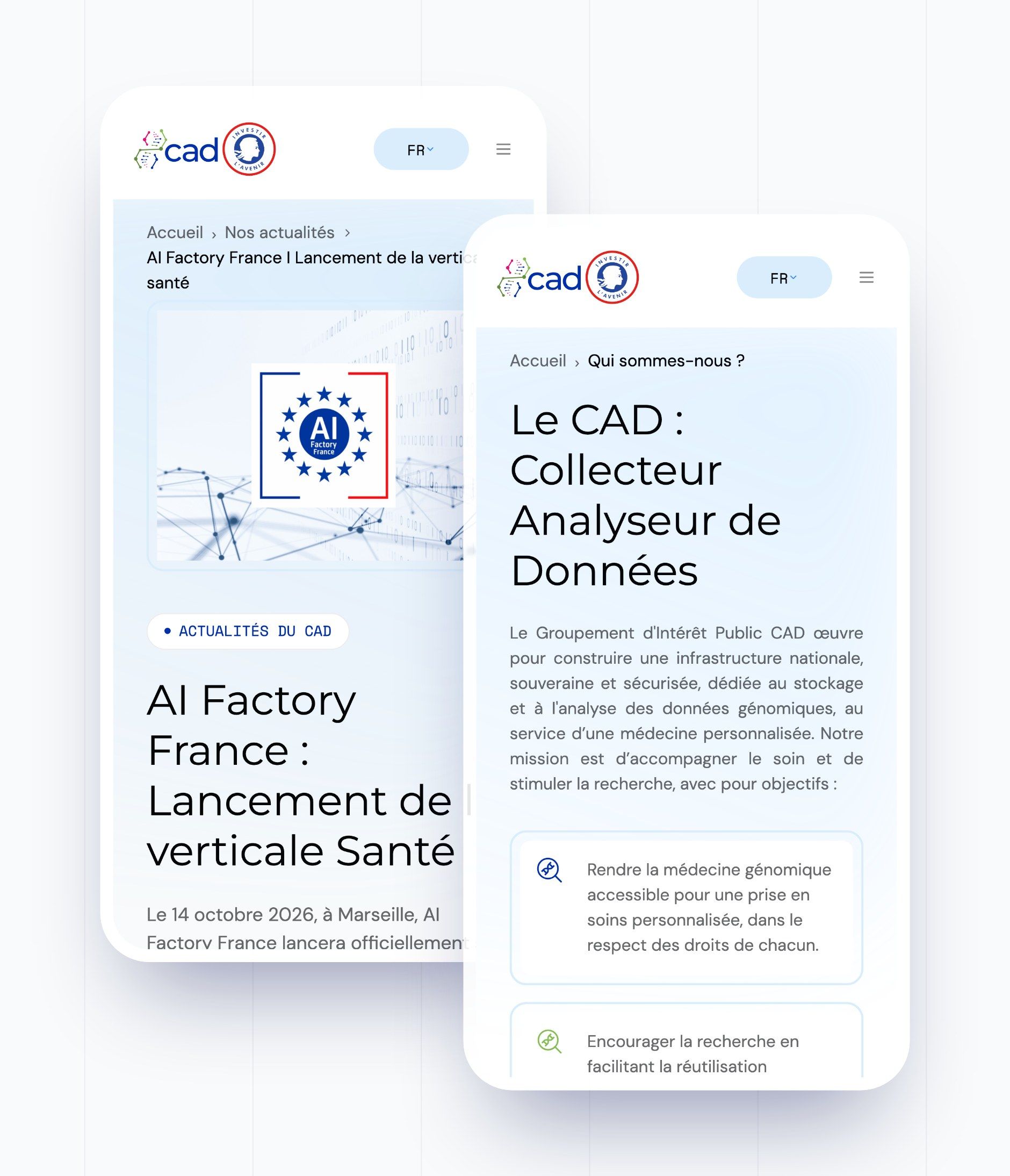 AI Factory France news item and the “About us” page on mobile