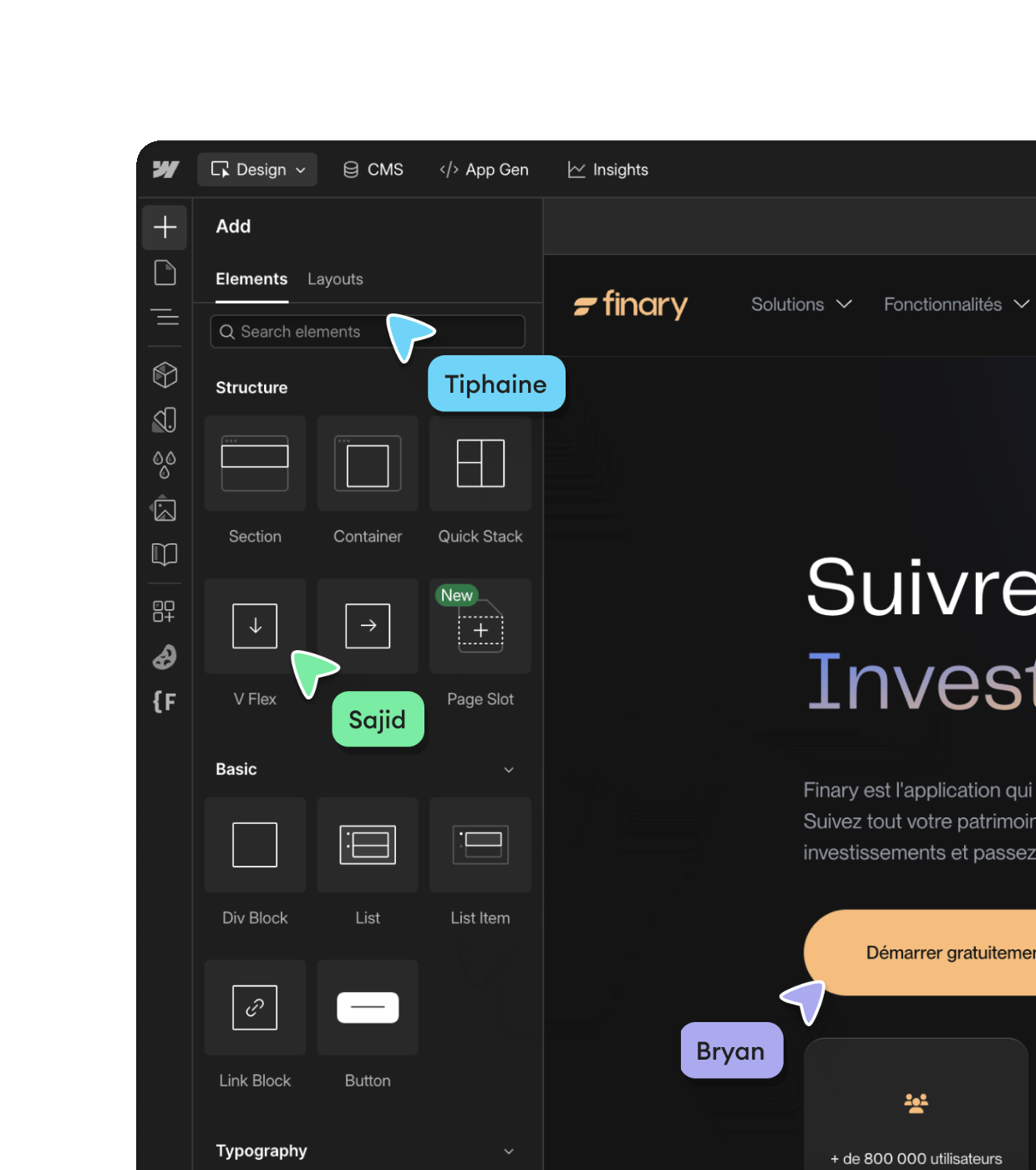 Finary website integration in the Webflow editor