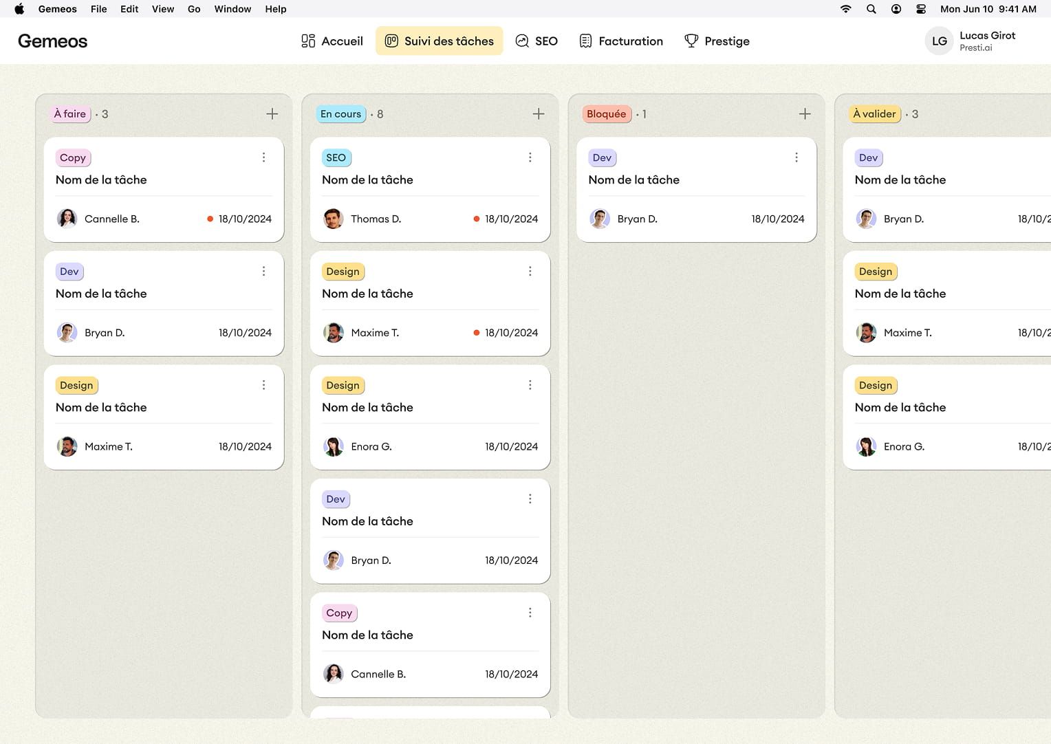 Task tracking board by status in the Gemeos client portal